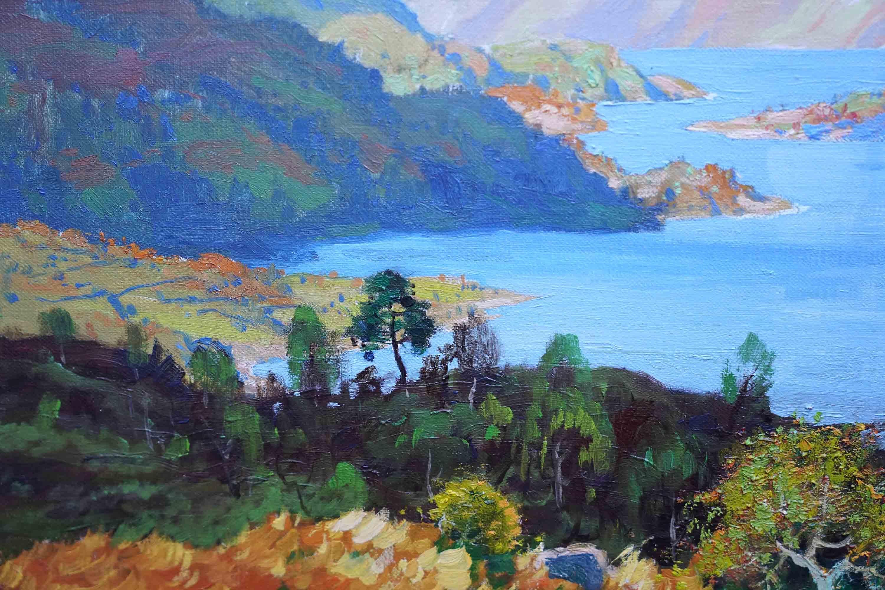 This superb Scottish exhibited landscape oil painting is by noted artist Robert Houston. It was painted circa 1940 and exhibited at the Glasgow Institute  in 1940 entitled Loch Lomond from Luss Glen. It is a large and impressive view across Loch