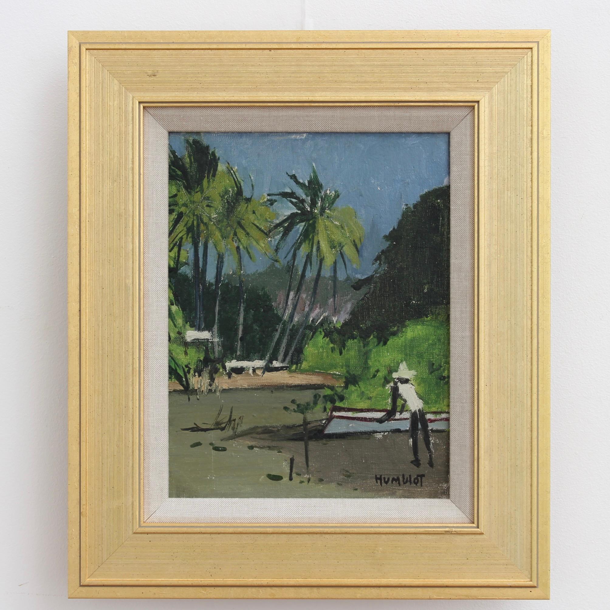 crépuscule sur le lagon de Schoelcher, Martinique, huile sur toile, par Robert Humblot (1959). La troisième d'une série d'œuvres d'art réalisées en 1959 lorsque l'artiste a visité les Antilles françaises. Il a peint plusieurs œuvres colorées