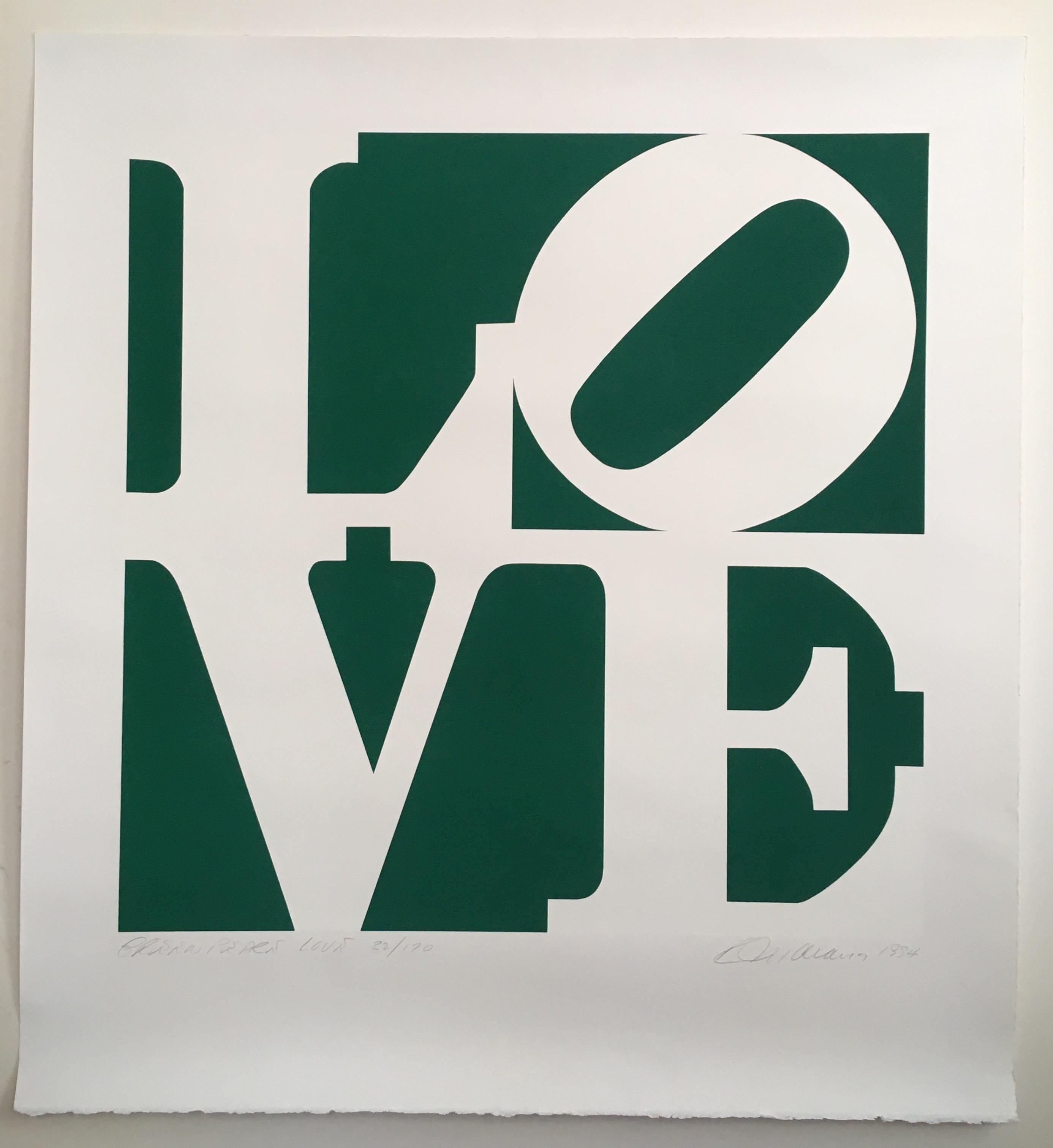 Robert Indiana (1928-2018) Greenpeace Love
Screenprint in green and white inks on Rives BFK paper with full margins
Signed and numbered in pencil 32/170
This particular incarnation of Indiana’s iconic Love was made to benefit and was published by