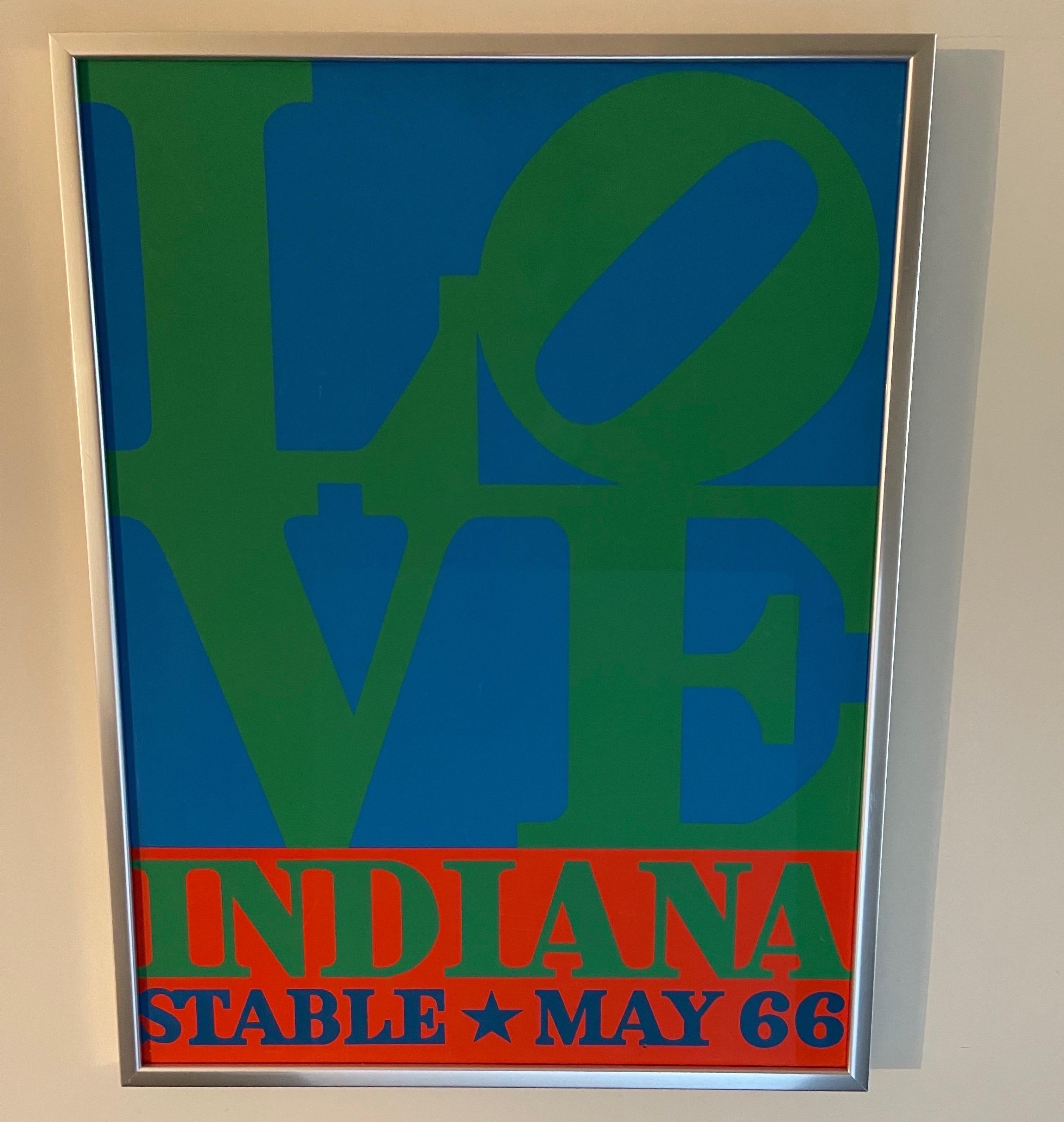 Robert Indiana LOVE 1971 serigraph poster. Silk-screen poster designed and created by Robert Indiana and published by Posters Originals. 
Newly framed in silver wooden frame. 
Frame measures: 25” wide x 33” tall