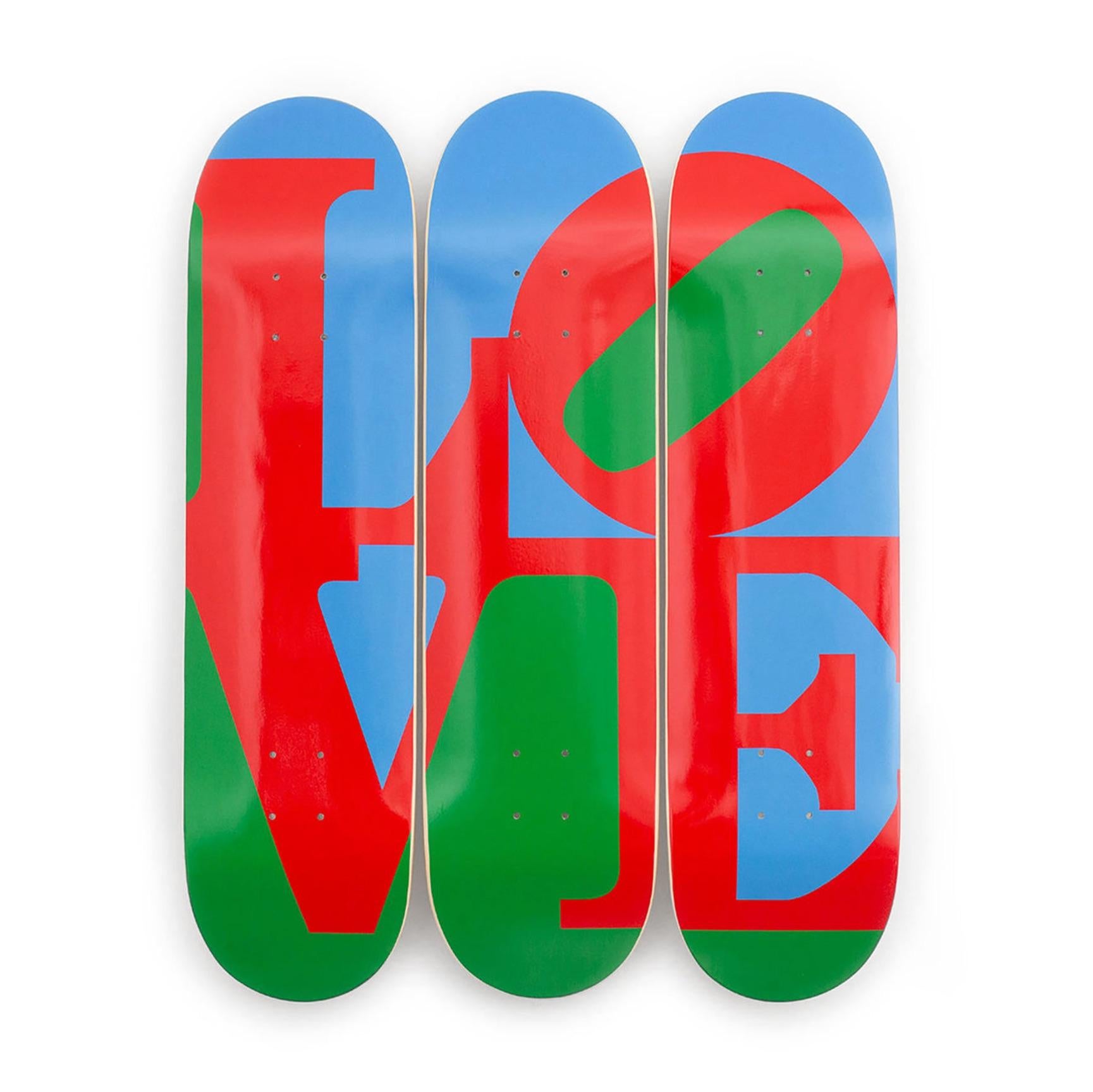 Robert Indiana
LOVE Skateboard Triptych (Set of 3), 2023
Print on 7-Ply Canadian Maple Wood
31 1/2 × 7 9/10 in  80 × 20 cm