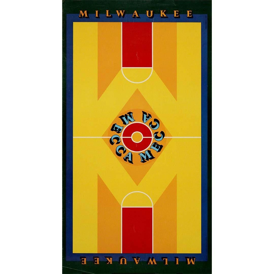 The 1977 "Milwaukee MECCA MECCA" poster by Robert Indiana is a bold tribute to the unique floor design of the Milwaukee Exposition Convention Center Arena (MECCA). Robert Indiana, a pivotal figure in the Pop Art movement, is best known for his