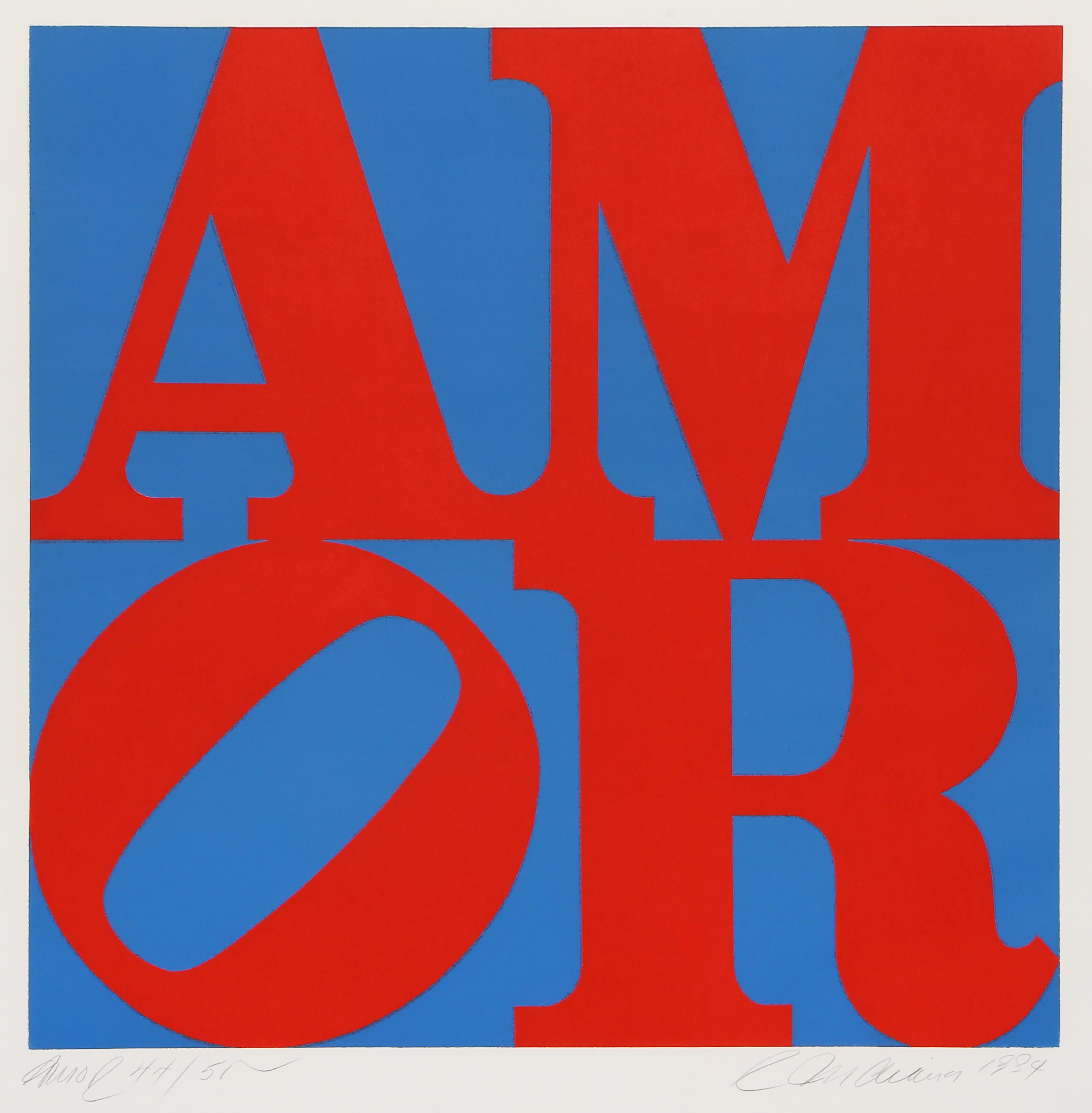 Robert Indiana creó el icónico grabado "LOVE" inicialmente para la tarjeta de Navidad del Museo de Arte Moderno en 1965.  En esta variante aparece la palabra "Amor" en español. El grabado está firmado a mano, fechado, titulado y numerado a lápiz. 