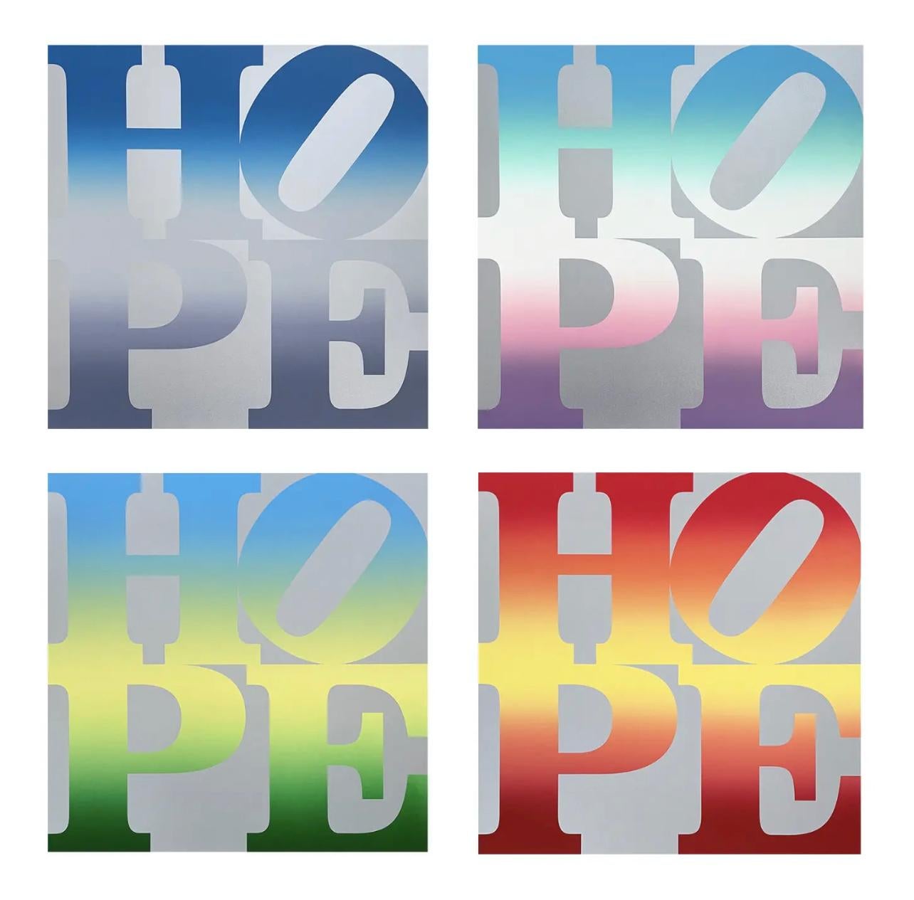 Artist: Robert Indiana (1928-2018)
Title: Four Seasons of HOPE (four artworks)
Year: 2012
Medium: Silkscreen on Coventry Rag paper
Edition: 125, plus proofs
Size: 35.25 x 25.5 inches, each
Condition: Excellent
Inscription: Each sheet pencil signed