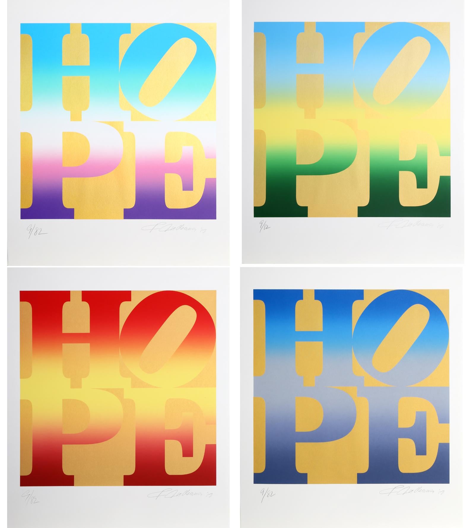 From the artist that gave us LOVE, he now gives us HOPE.  This is the complete suite of four HOPE silkscreens on Gold in original folio. Each print is signed and numbered in pencil. 

Artist:	Robert Indiana, American (1928 - 2018)
Title:	Four