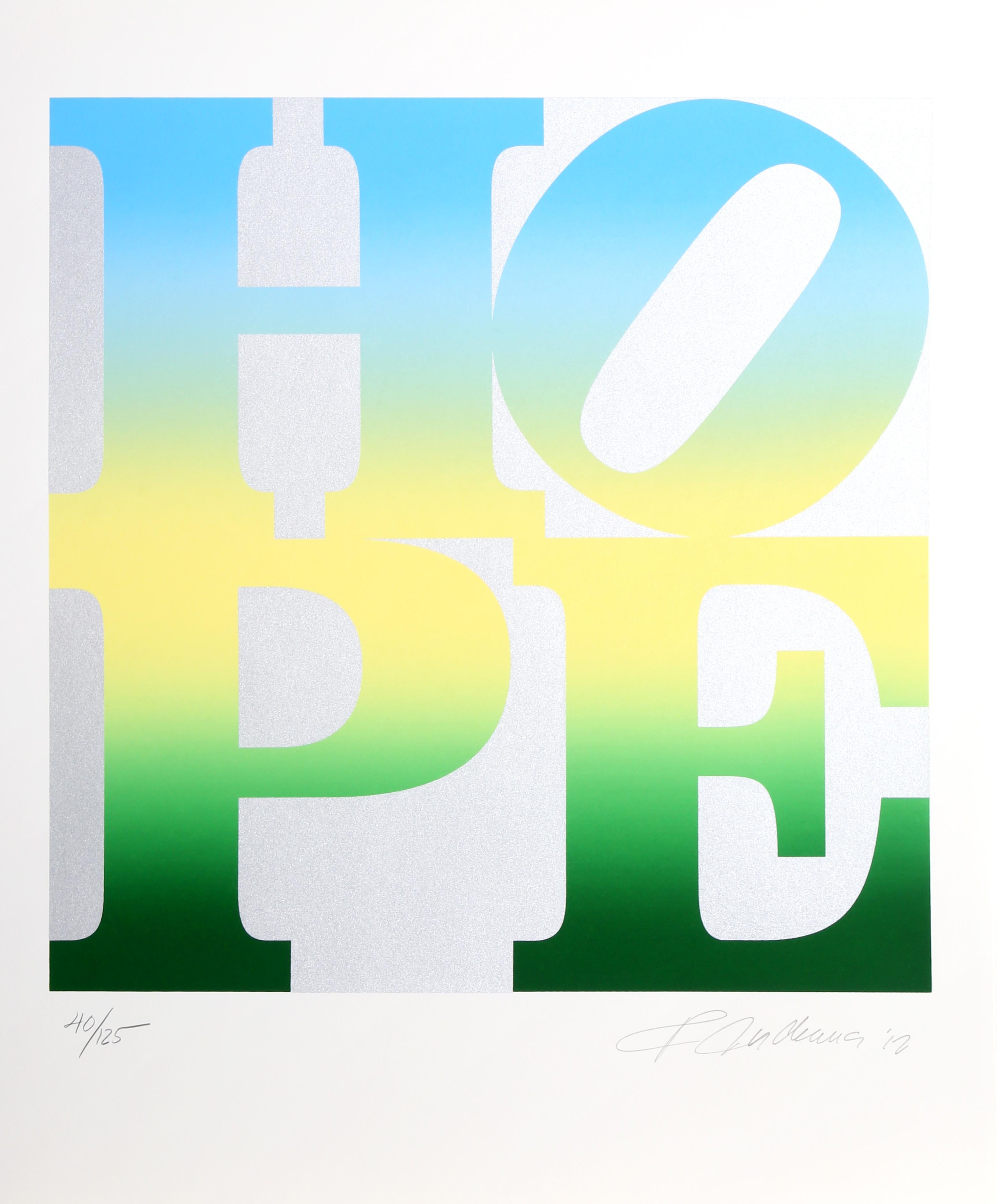 From the artist that gave us LOVE, he now gives us HOPE.  This is the complete suite of four HOPE silkscreens on Silver in the original folio. Each print is signed and numbered in pencil. 

Artist: Robert Indiana, American (1928 - 2018)
Title: Four
