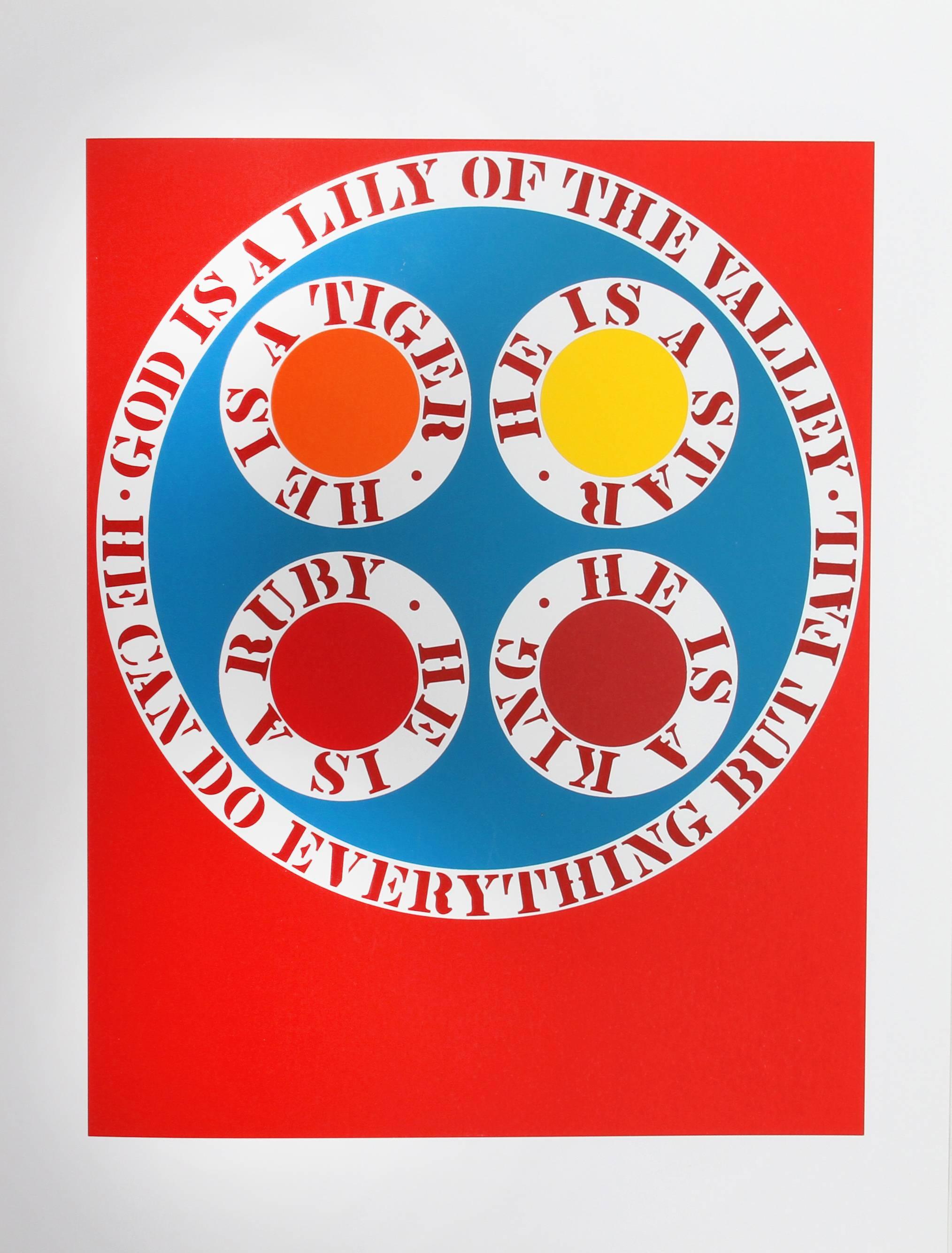 Artist: Robert Indiana, American (1928 - 2018)
Title: God is a Lily of the Valley from the American Dream Portfolio
Year: 1961-62 (1997)
Medium: Serigraph
Edition: 395
Image Size: 16.75 x 13.25 inches
Size: 22 in. x 17 in. (55.88 cm x 43.18