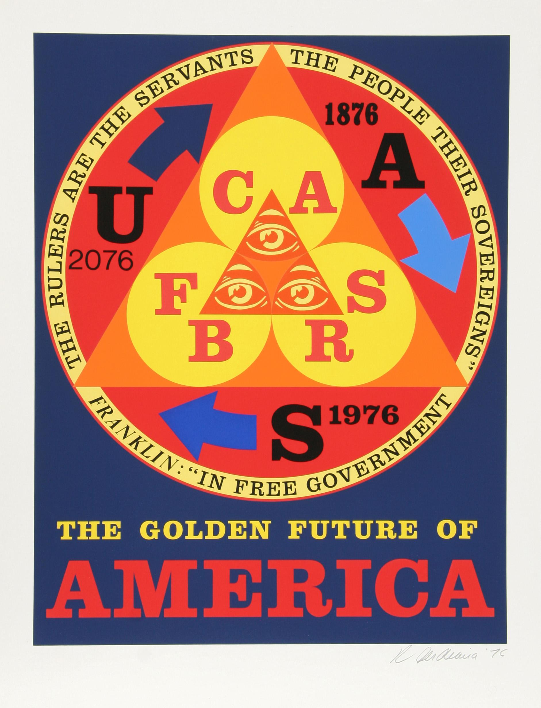 Artist: Robert Indiana
Title: Golden Future of America
Year: 1976
Medium: Serigraph on Arches, signed and numbered in pencil 
Edition: 175
Paper Size: 26.25 x 20 inches 

Printer and Blind Stamp: Simca Print Artists, Inc. New York
Publisher: