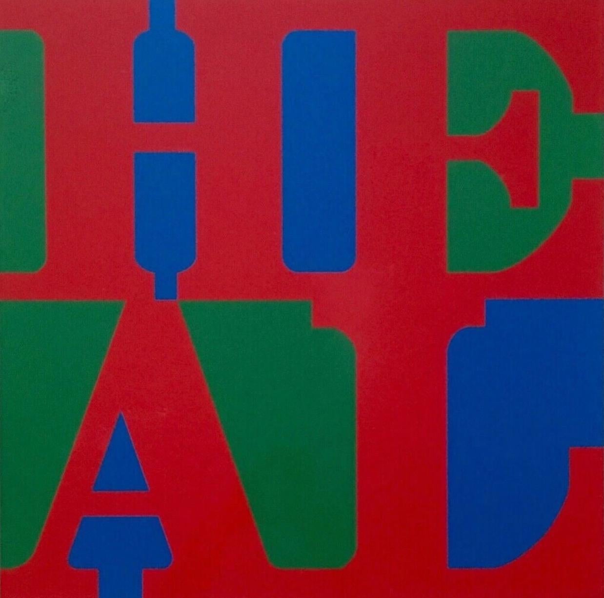 Artist: Robert Indiana (1928-2018)
Title: HEAL (Red, Green, Blue Variation)
Year: 2015
Medium: Silkscreen in 3 colors on 2-Ply Museum Board
Edition: 20, plus proofs
Size: 33 x 32 inches
Condition: Excellent
Inscription: Hand initialed/signed and