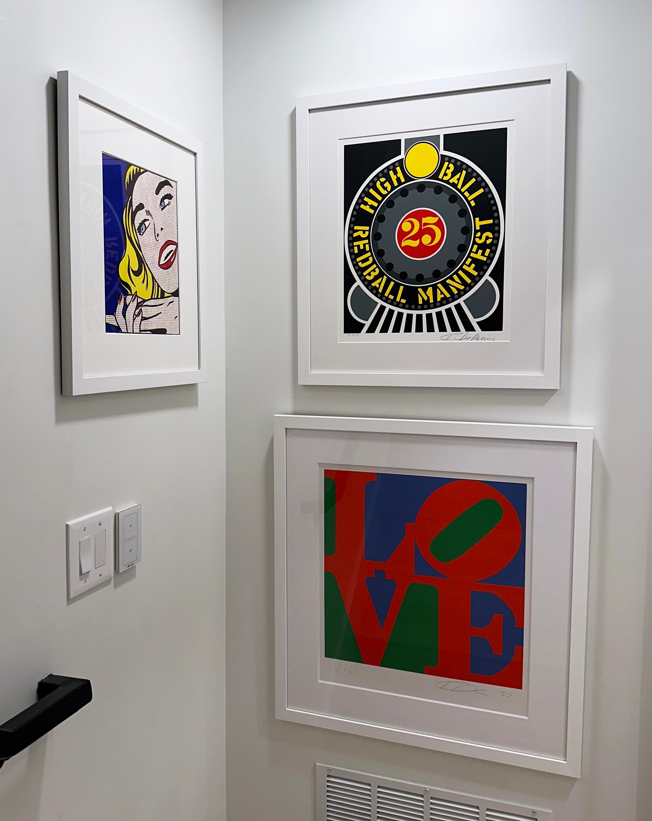 Highball on the Redball Manifest - Black Abstract Print by Robert Indiana