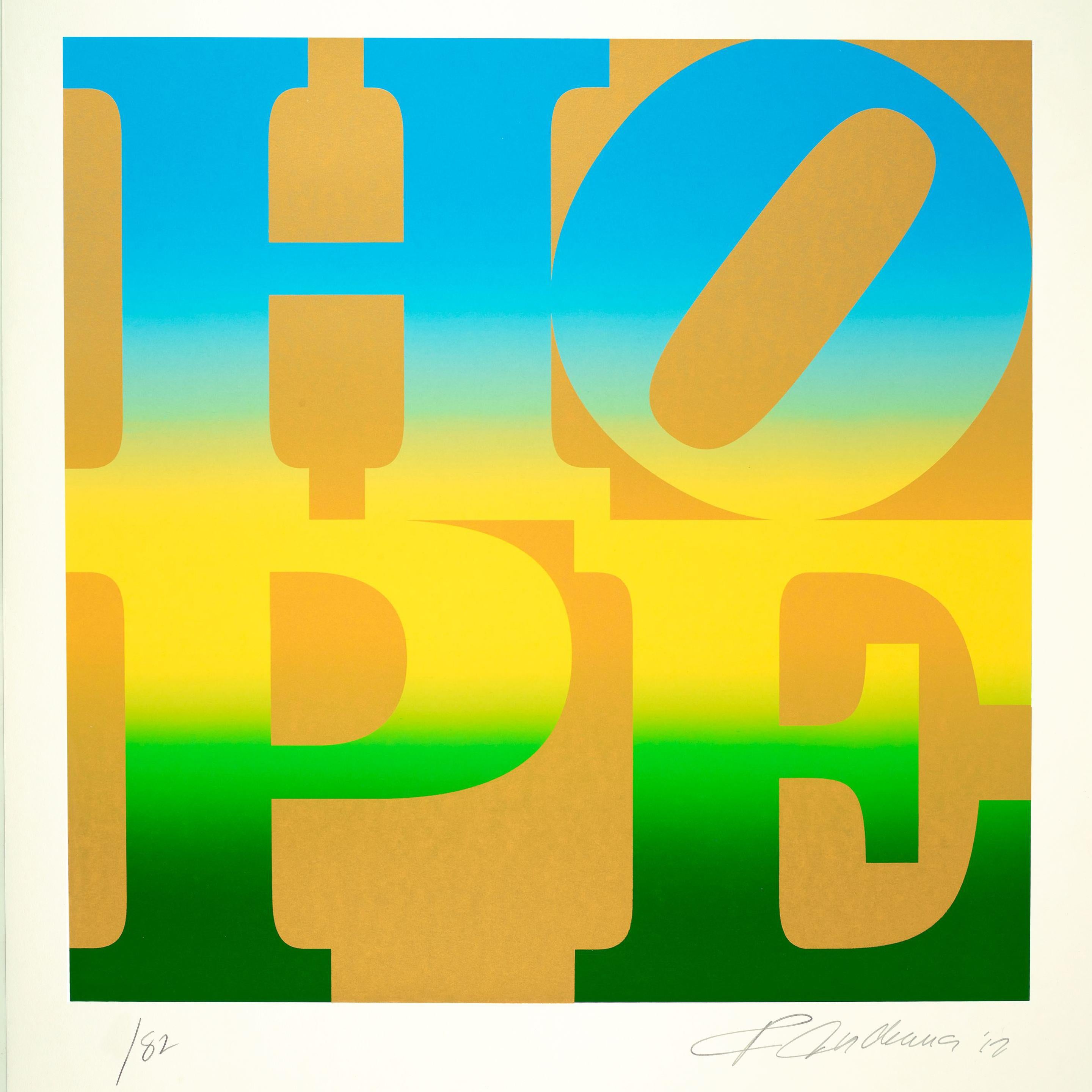 HOPE Blau/Grüner Siebdruck, Moderne Pop Art, 2010er Jahre, signiert, 29,5x35