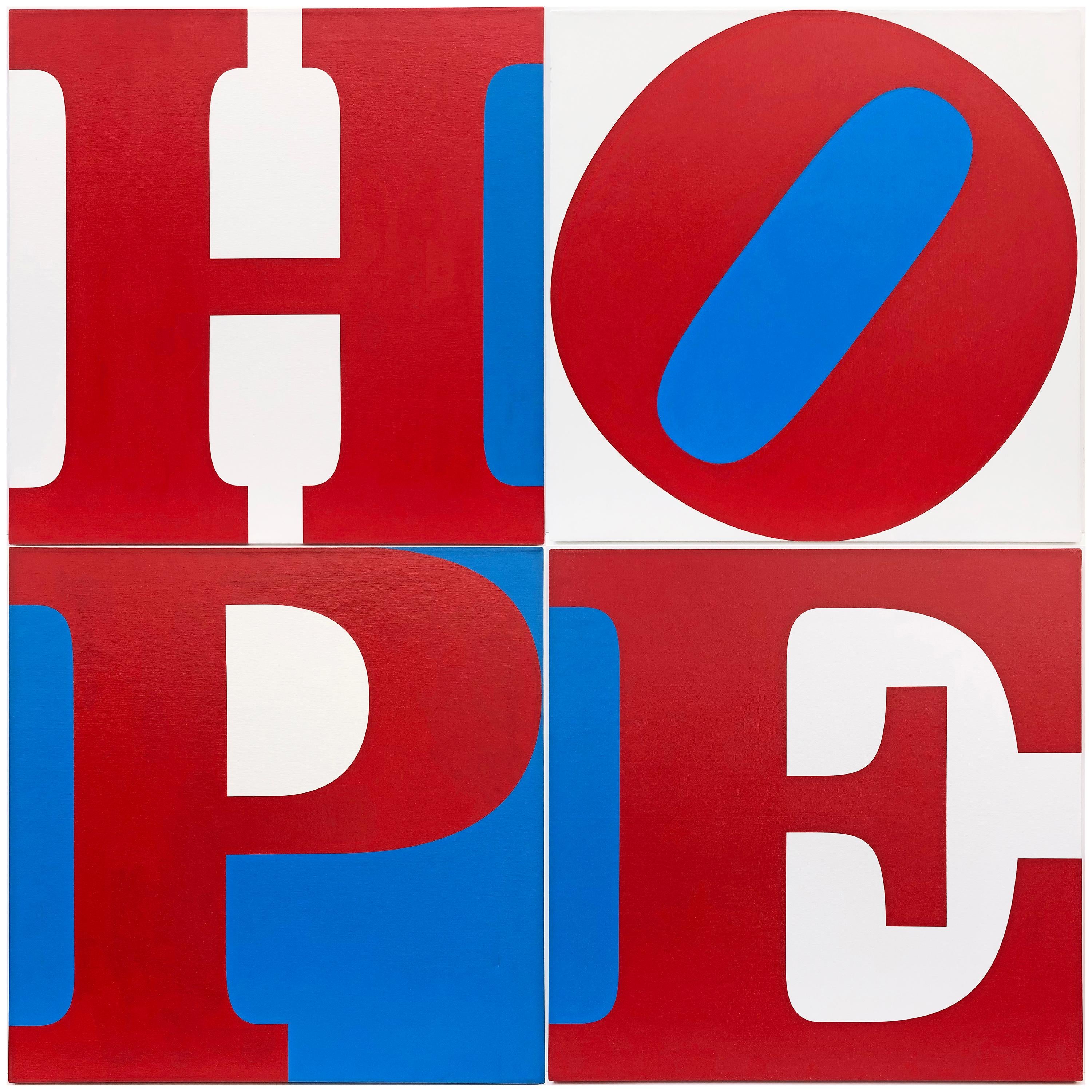Robert Indiana Figurative Print – HOPE (R/W/B) LARGE 4 PANELPAINTING