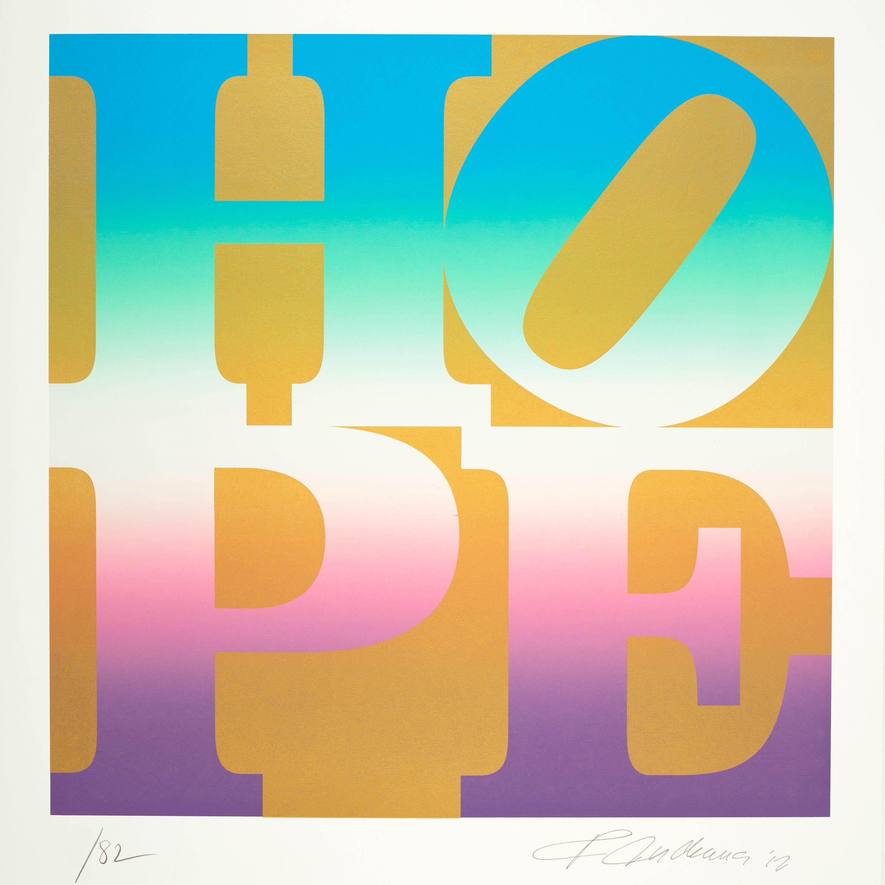 Robert Indiana’s 2012 “Hope” Gold silkscreen prints in the Four Seasons of Hope series are powerful examples of his signature Pop Art style reimagined through the lens of seasonal change. Each square-format piece features the word HOPE in his bold,