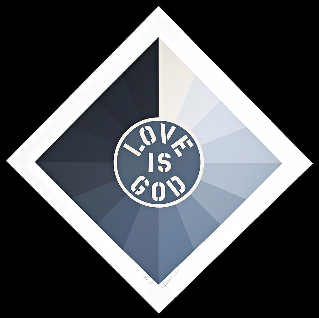 Love Is God, Silkscreen on 2 ply Rising Museum Board Signed 33/50 Iconic work - Gray Abstract Print by Robert Indiana