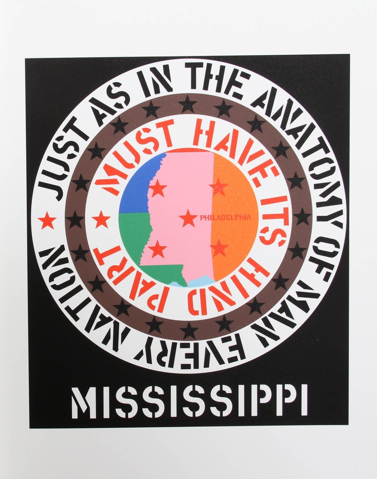 Artist: Robert Indiana, American (1928 - 2018)
Title: Mississippi from the American Dream Portfolio
Year: 1965 (1997)
Medium: Serigraph
Edition: 395
Image Size: 16 x 14 inches
Size: 22 in. x 17 in. (55.88 cm x 43.18 cm)

Printed and Published by MFA