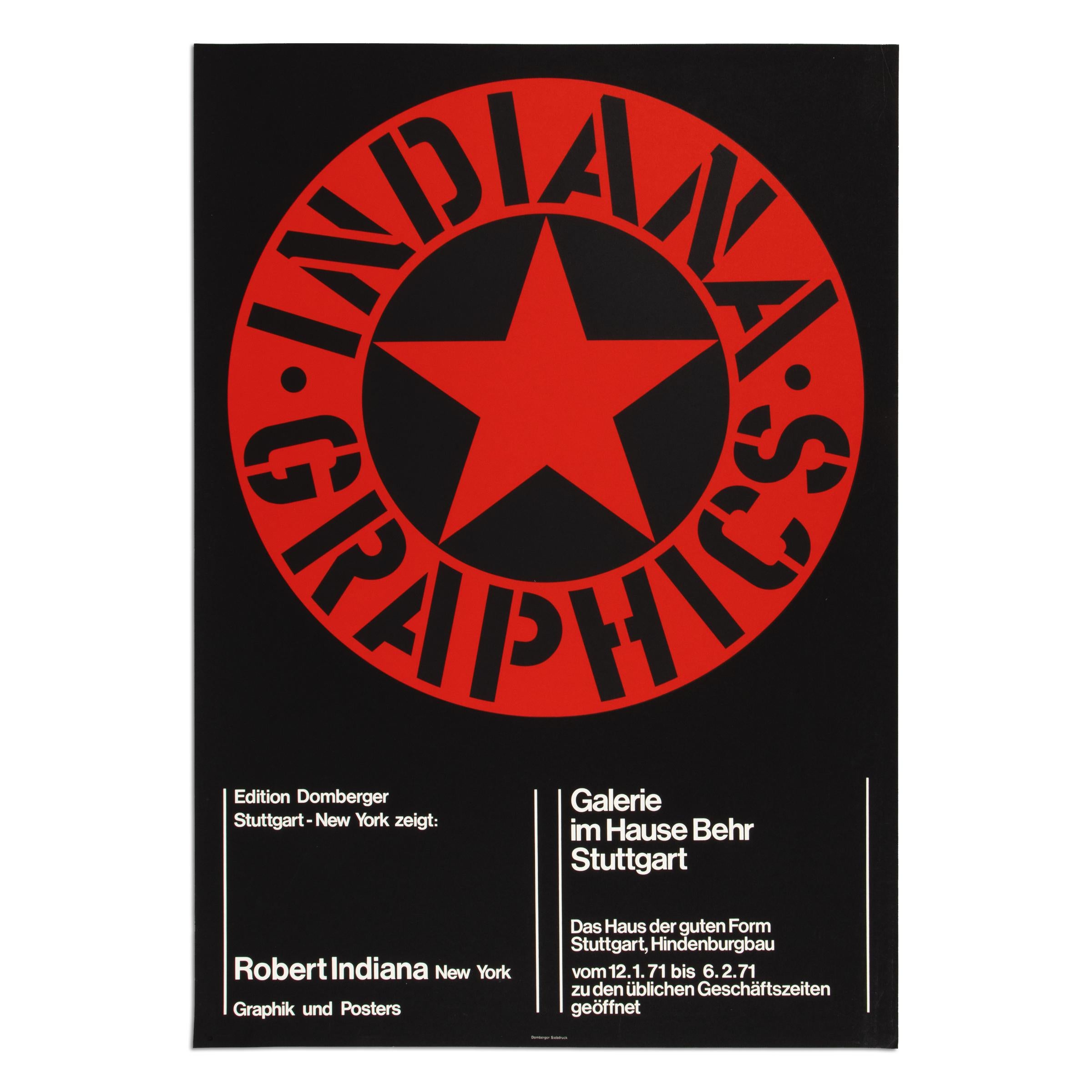 Rarísimo cartel original para la exposición de Robert Indiana "Indiana Graphics" de 1971 en la Galerie im Hause Behr (Stuttgart) en colaboración con Edition Domberger.