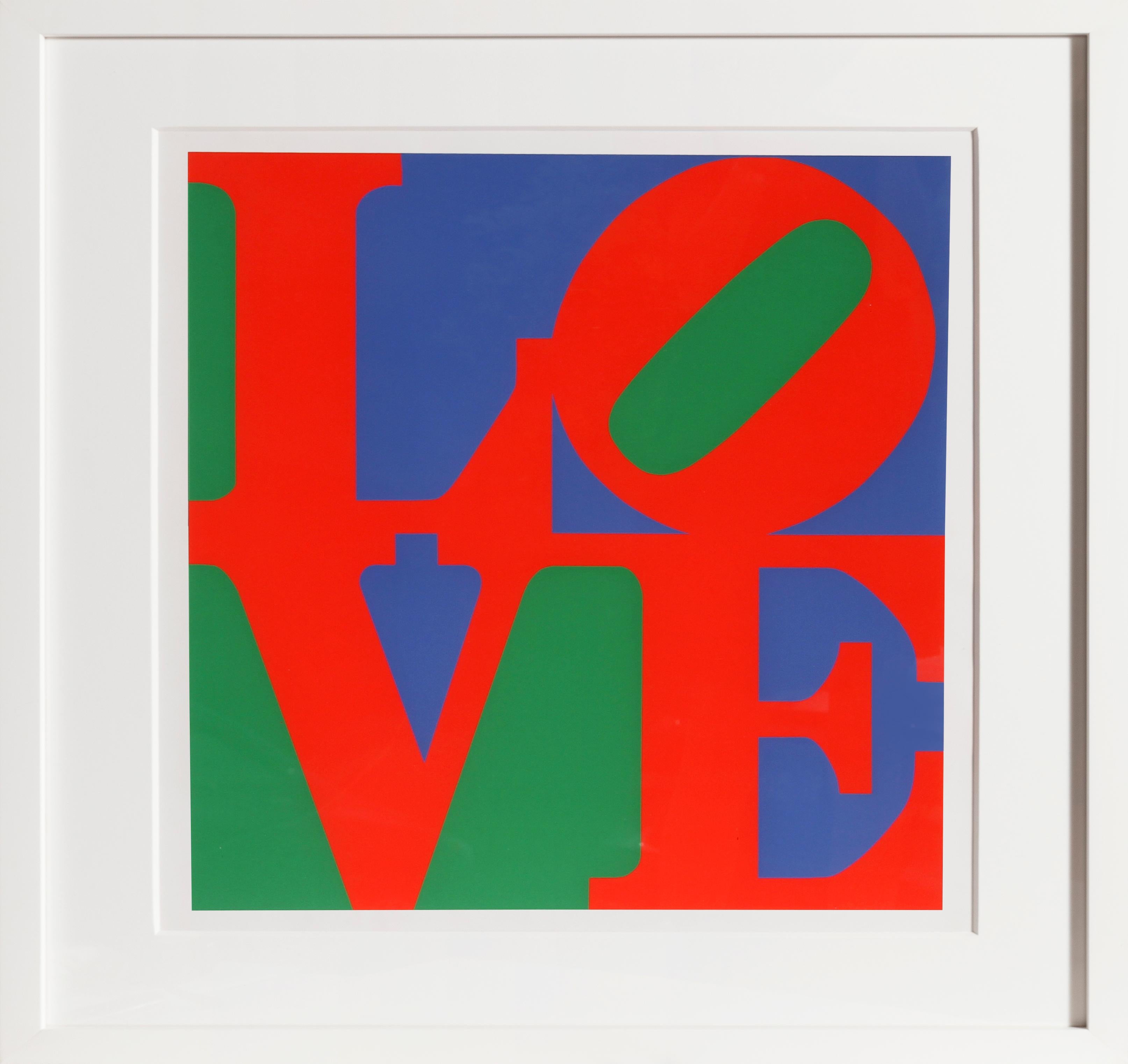 A silkscreen print by Robert Indiana of his iconic Love in red, blue, and green.

Artist: Robert Indiana, American (1928 - )
Title: Philadelphia Love
Year: circa 1996
Medium: Silkscreen (unsigned)
Edition: Printer's Proof aside from the regular