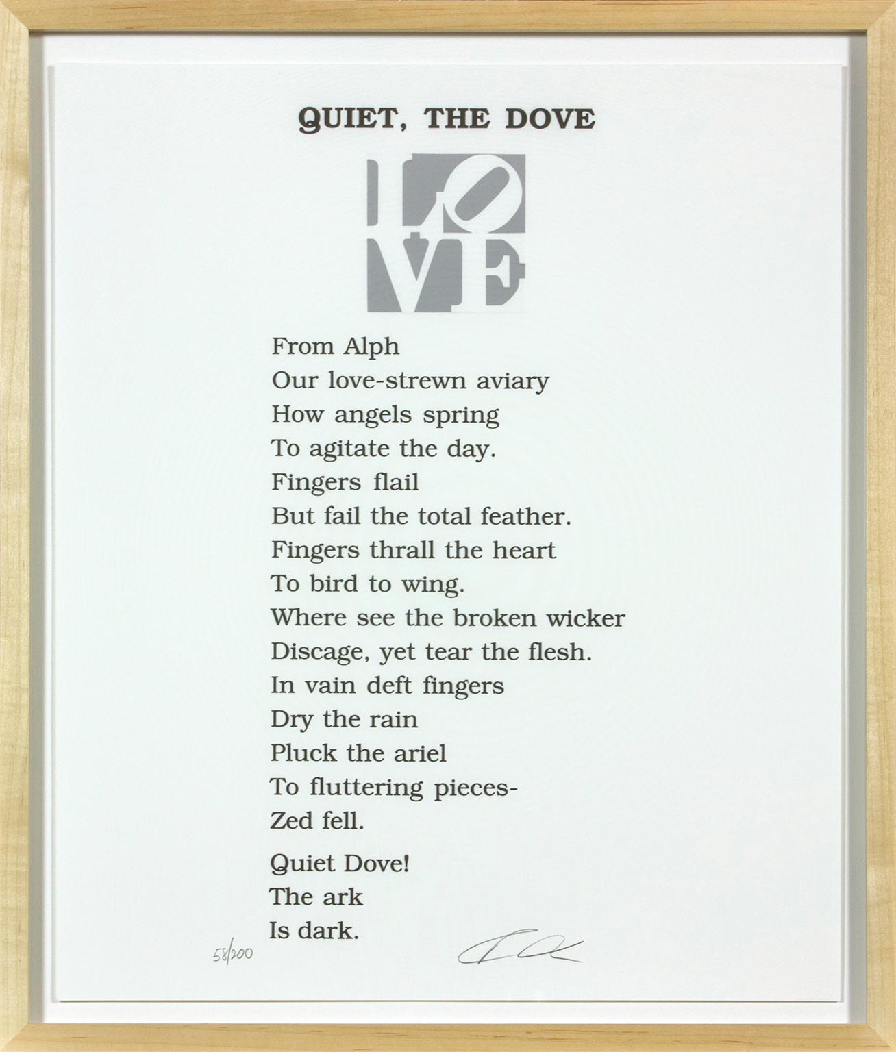 "Quiet, The Dove (Book of LOVE)" Siebdruck aus einer Mappe mit 12 Originalgedichten und 12 Originaldrucken des Künstlers Robert Indiana. Ausgabe 58/200. Die Grafiken in der Mappe wurden von Indiana als Illustrationen für seine eigenen Liebesgedichte