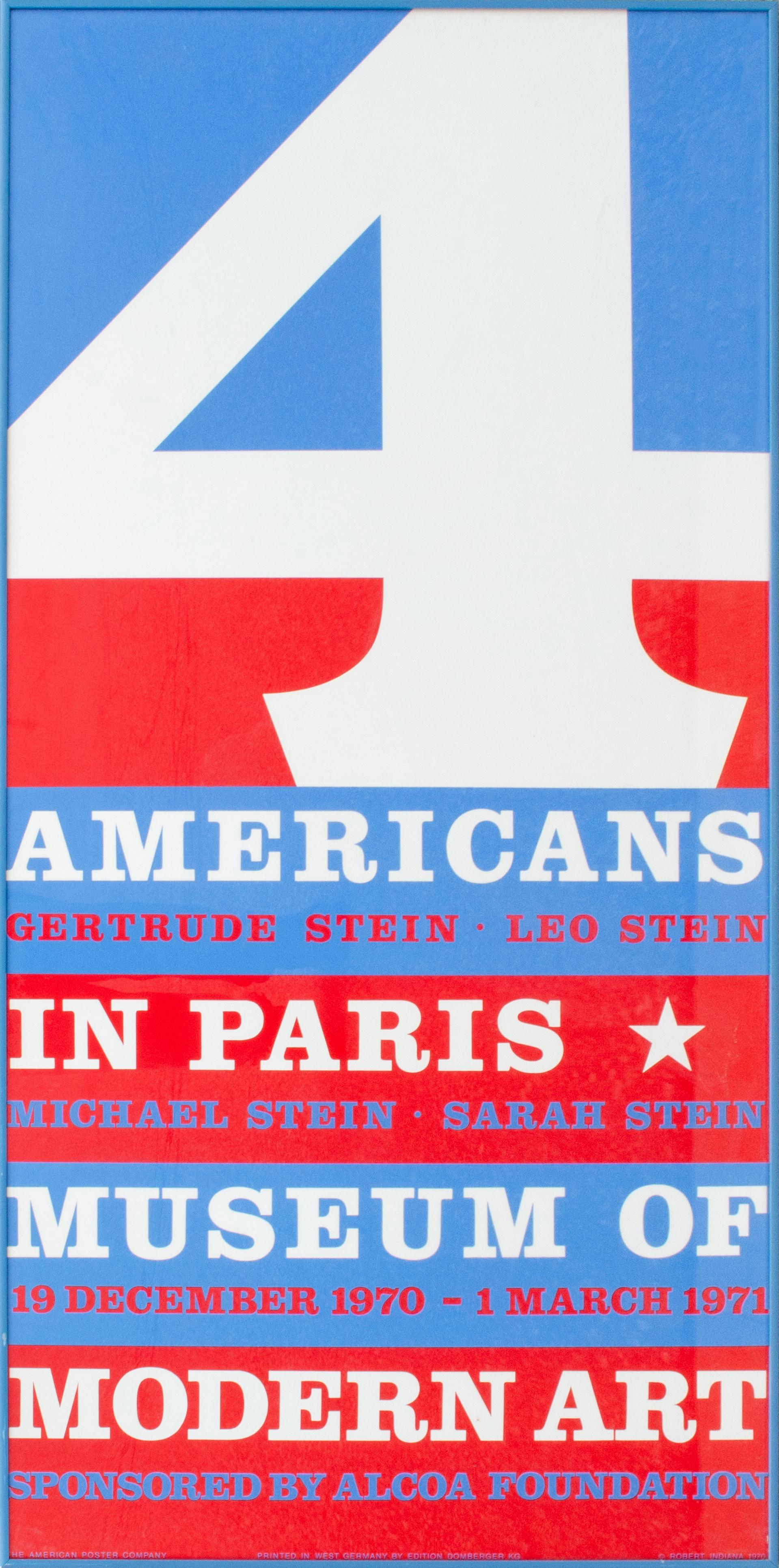 Robert Indianna (American, 1928-2018)
4 Americans in Paris, 1970
Screenprint
Framed: 46 1/4 x 23 x 3/4 in. 
Signed in the plate: (c) R Indiana 1970
Published by American Image, distributed by Fotofolio

Text along lower margin:  The American Poster