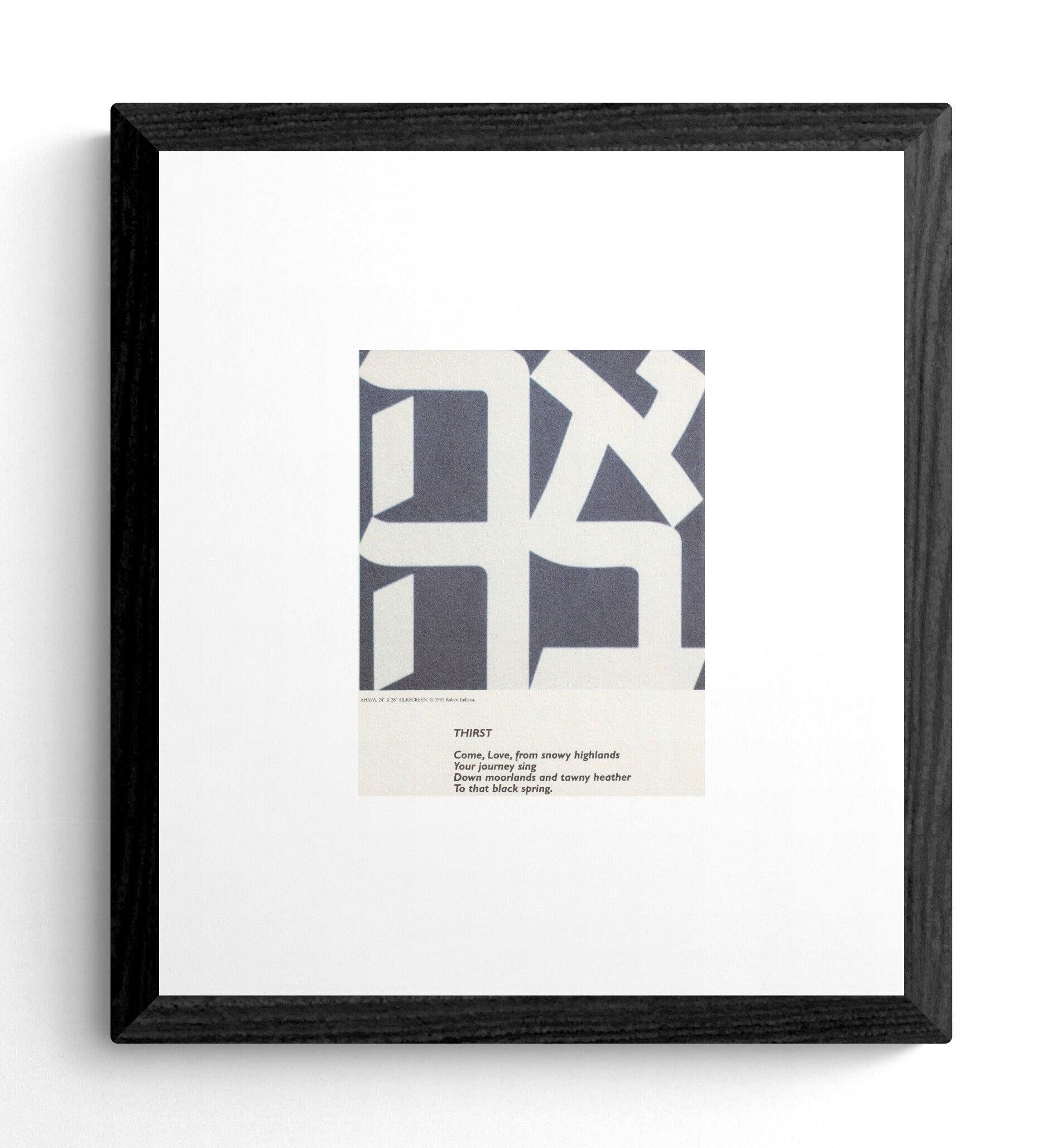 "Ahava"—which means "LOVE" in Hebrew—is a vintage original postcard from the Flowers portfolio, created by Robert Indiana in 1995. The term "Ahava" translates to "LOVE" in Hebrew, reflecting the universal theme of love that is central to many of