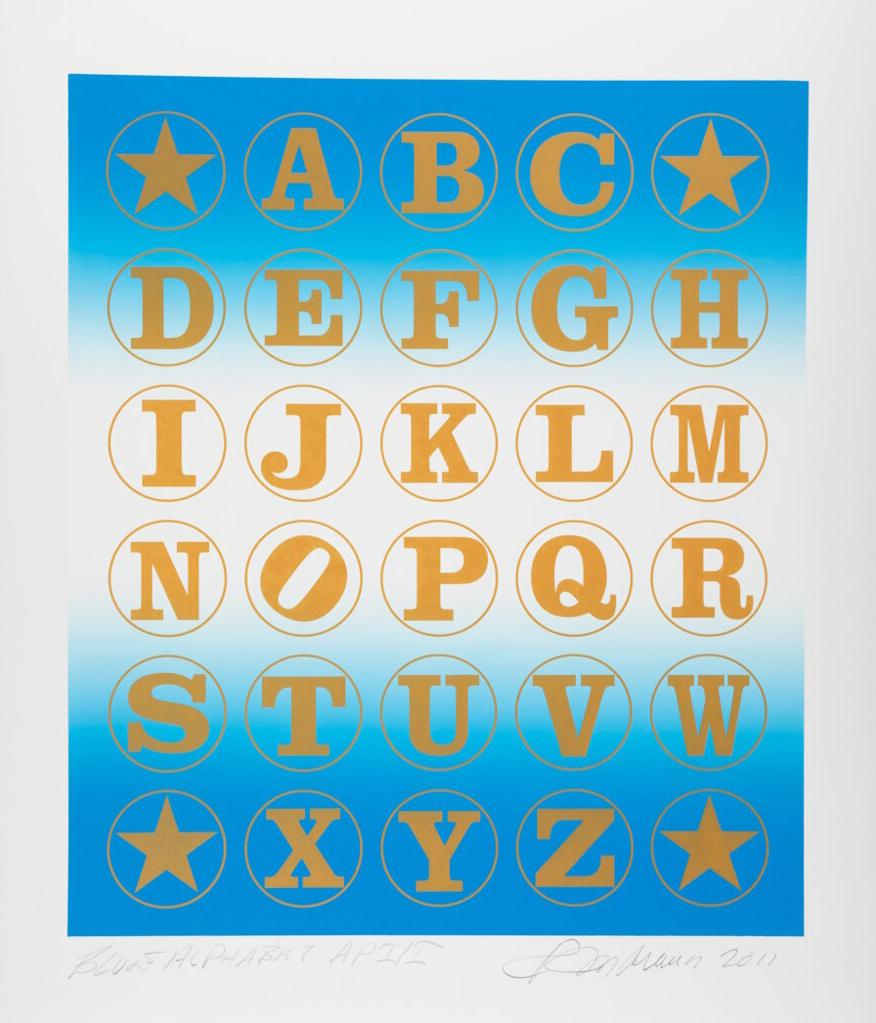 Robert Indiana
Alphabet bleu , 2011
Sérigraphie en couleurs sur papier vélin
40,0 x 32,5 in (101.6 x 82.6 cm)
Édition : AP 1/5
Signé, daté, annoté et numéroté au crayon par Robert Indiana au recto.
PROVENANCE : Succession de l'artiste, Heritage