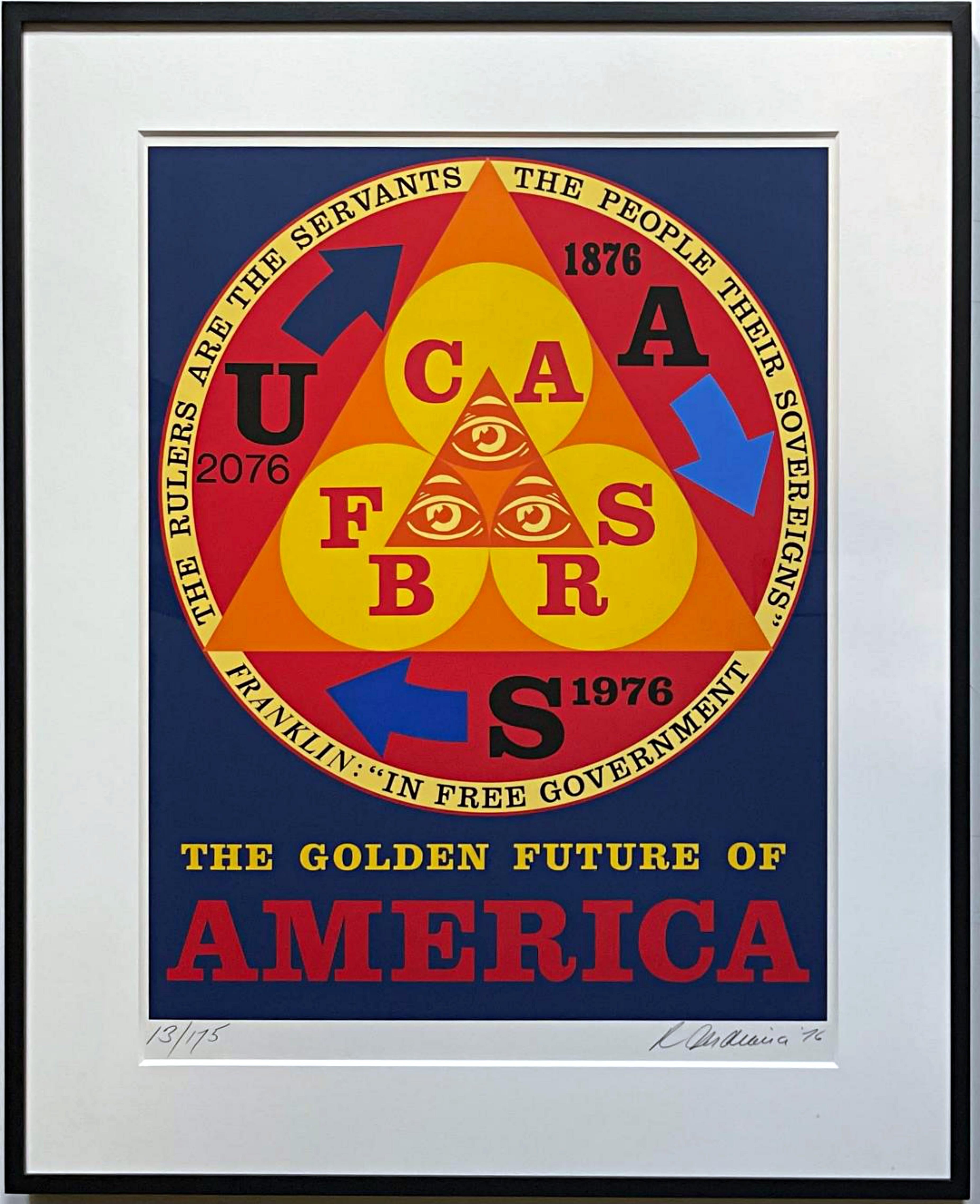 Robert Indiana
The Golden Future of America (Sheehan, 92), 1976
Silkscreen on Arches paper
Signed and dated in pencil, lower right; numbered 13/175, in pencil, lower left. Also bears printers blind stamp
Frame included: Elegantly matted and framed
