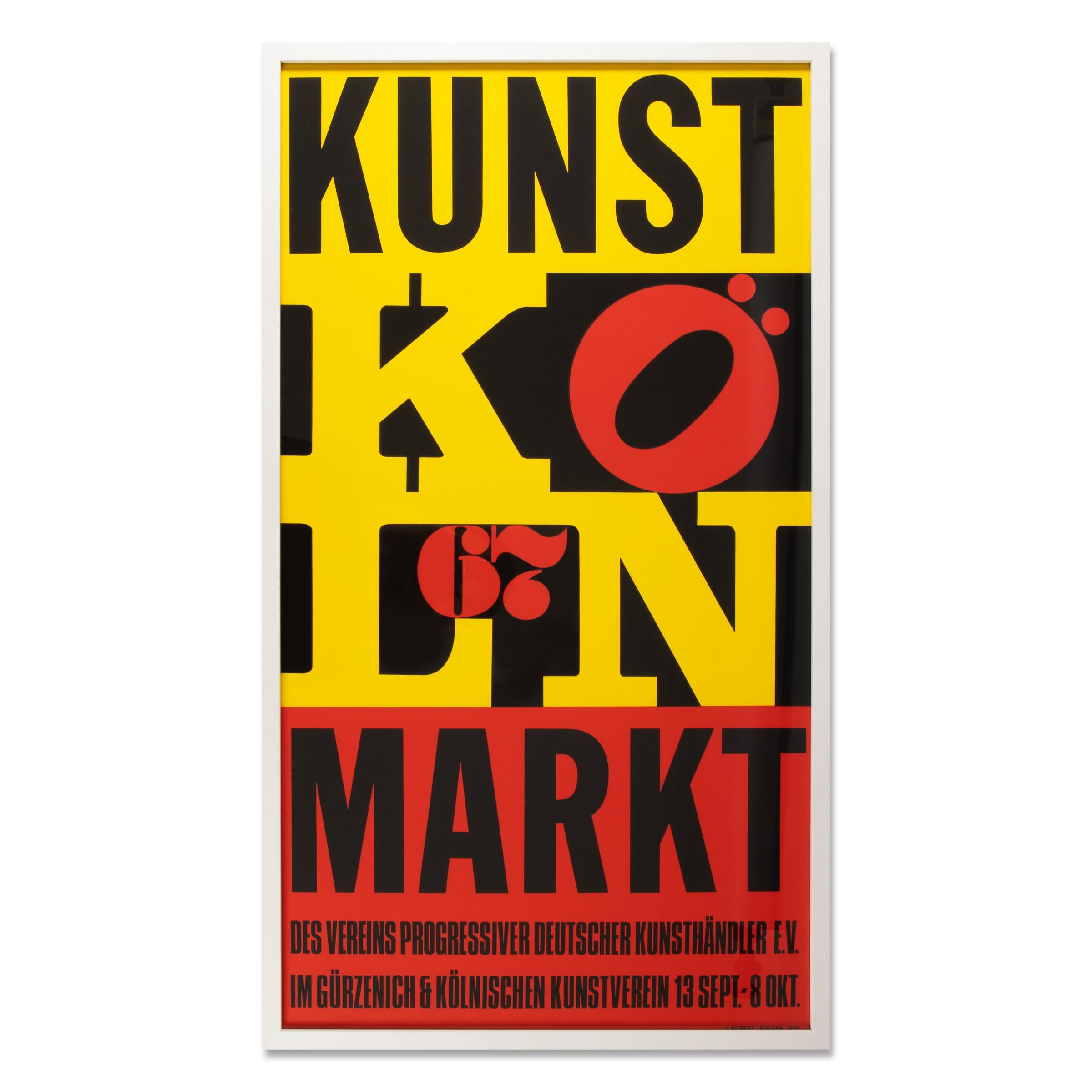 Cartel serigráfico original de Robert Indiana para Kunstmarkt Köln 1967. 

Kunstmarkt Köln, fundada en 1967 en Colonia (Alemania), fue la primera feria de arte contemporáneo, que revolucionó el mundo del arte al crear una plataforma para que las