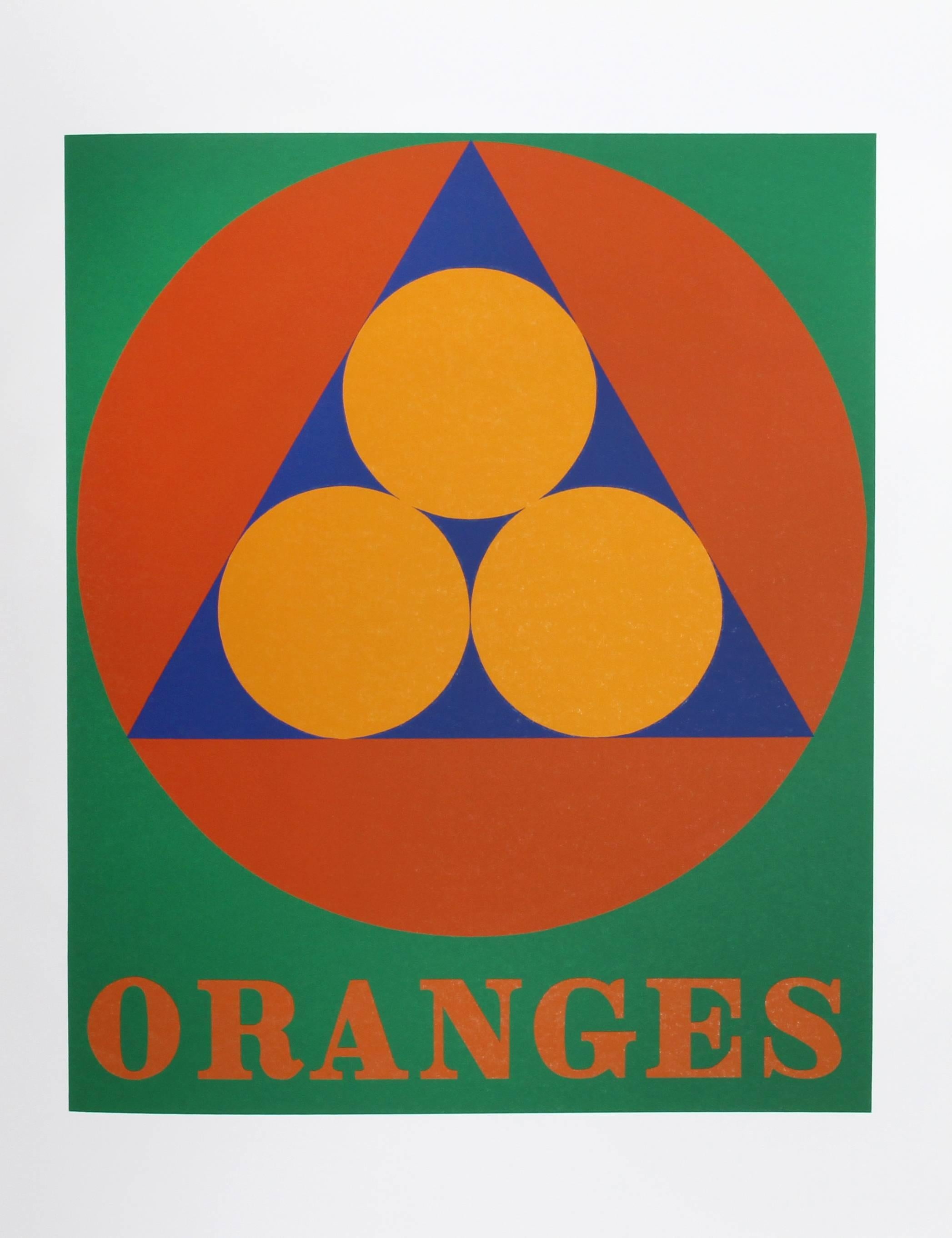 Artist: Robert Indiana, American (1928 - 2018)
Title: Oranges from the American Dream Portfolio
Year: 1969 (1997)
Medium: Serigraph
Edition Size: 395
Image Size: 16.75 x 14 inches
Size: 22 in. x 17 in. (55.88 cm x 43.18 cm)

Printed and Published by