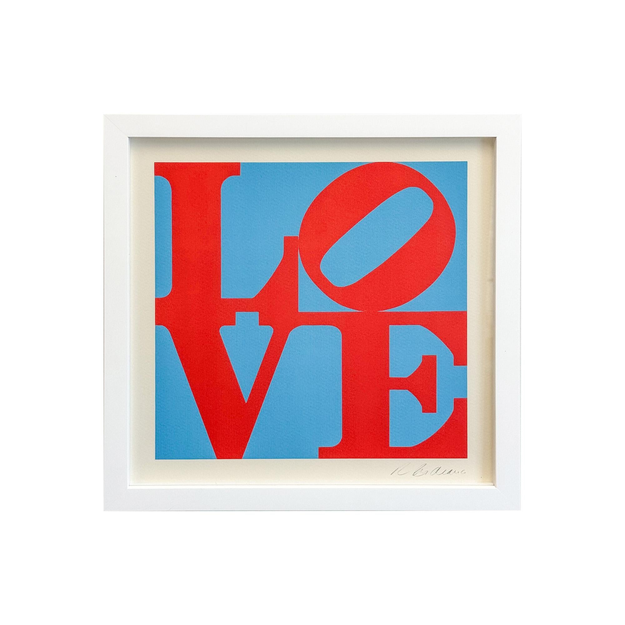 A limited edition lithograph by Pop Art artist Robert Indiana ( American 1928 - 2018)  of his iconic Philidalphia Love in Red and Blue numbered 87/225. The lithograph was printed by the Guggenheim Museum in 225 hand-numbered copies in year 2000. The
