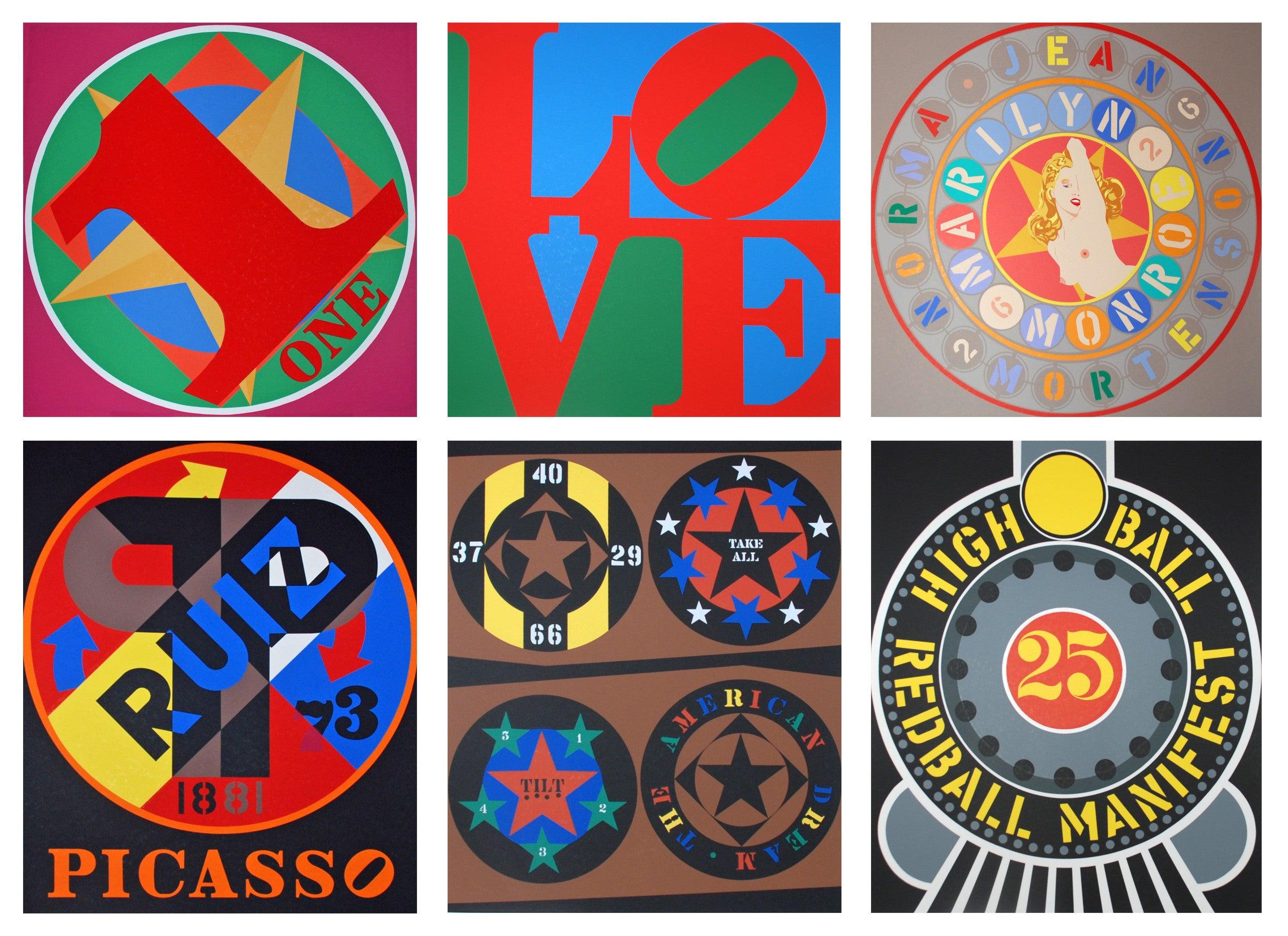 Artist: Robert Indiana
Title: One Indiana Square, Love, The Metamorphosis of Norma Jean Mortensen, Picasso, The American Dream, Highball on the Redball Manifest
Portfolio: The American Dream
Medium: Six original serigraphs
Year: 1997
Edition: PP