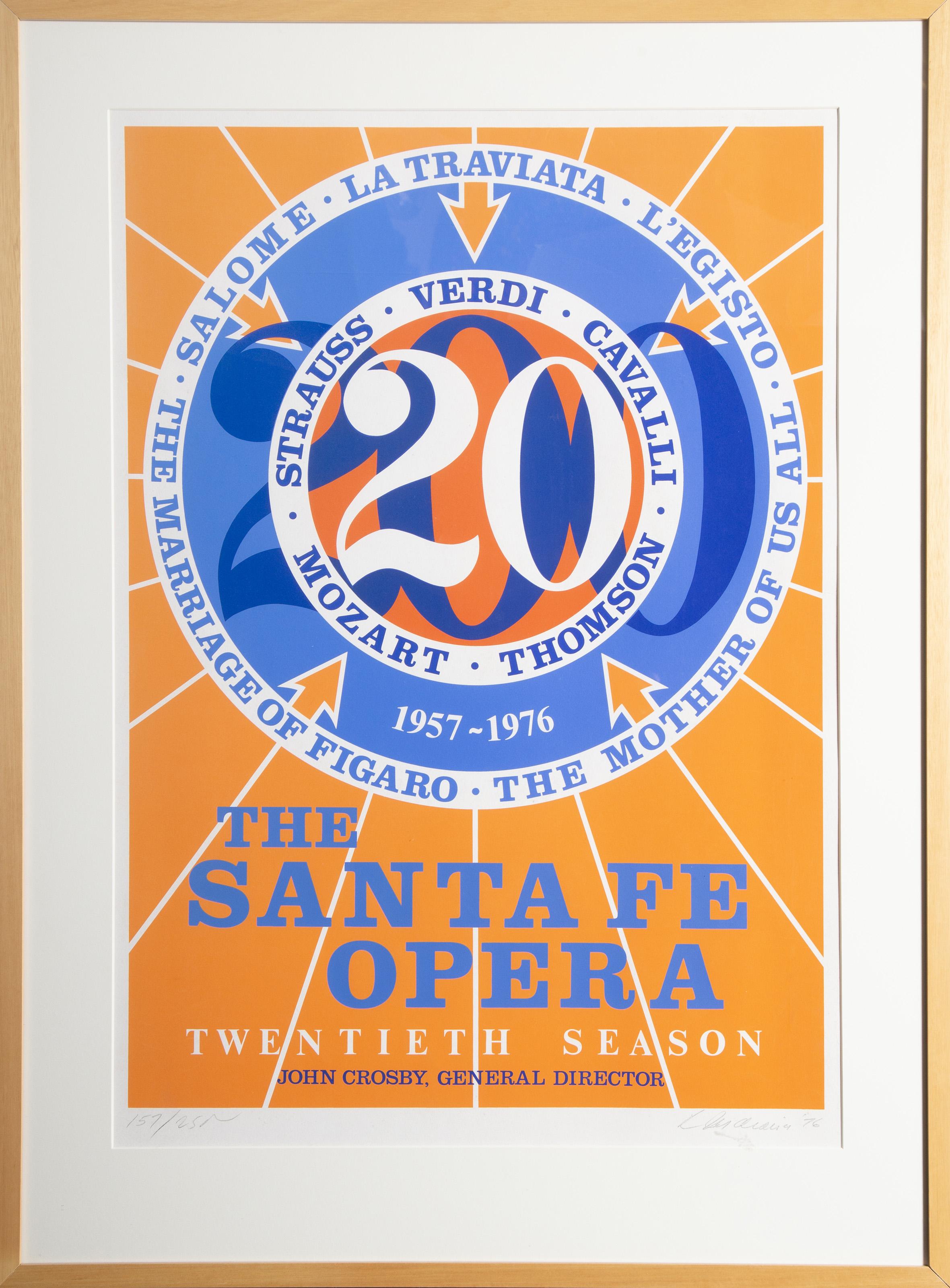 Sante Fe Opera
Robert Indiana, American (1928–2018)
Date: 1976
Screenprint, signed, dated and numbered in pencil
Edition of 157/250
Size: 31 x 22 in. (78.74 x 55.88 cm)
Frame Size: 40.5 x 30 inches