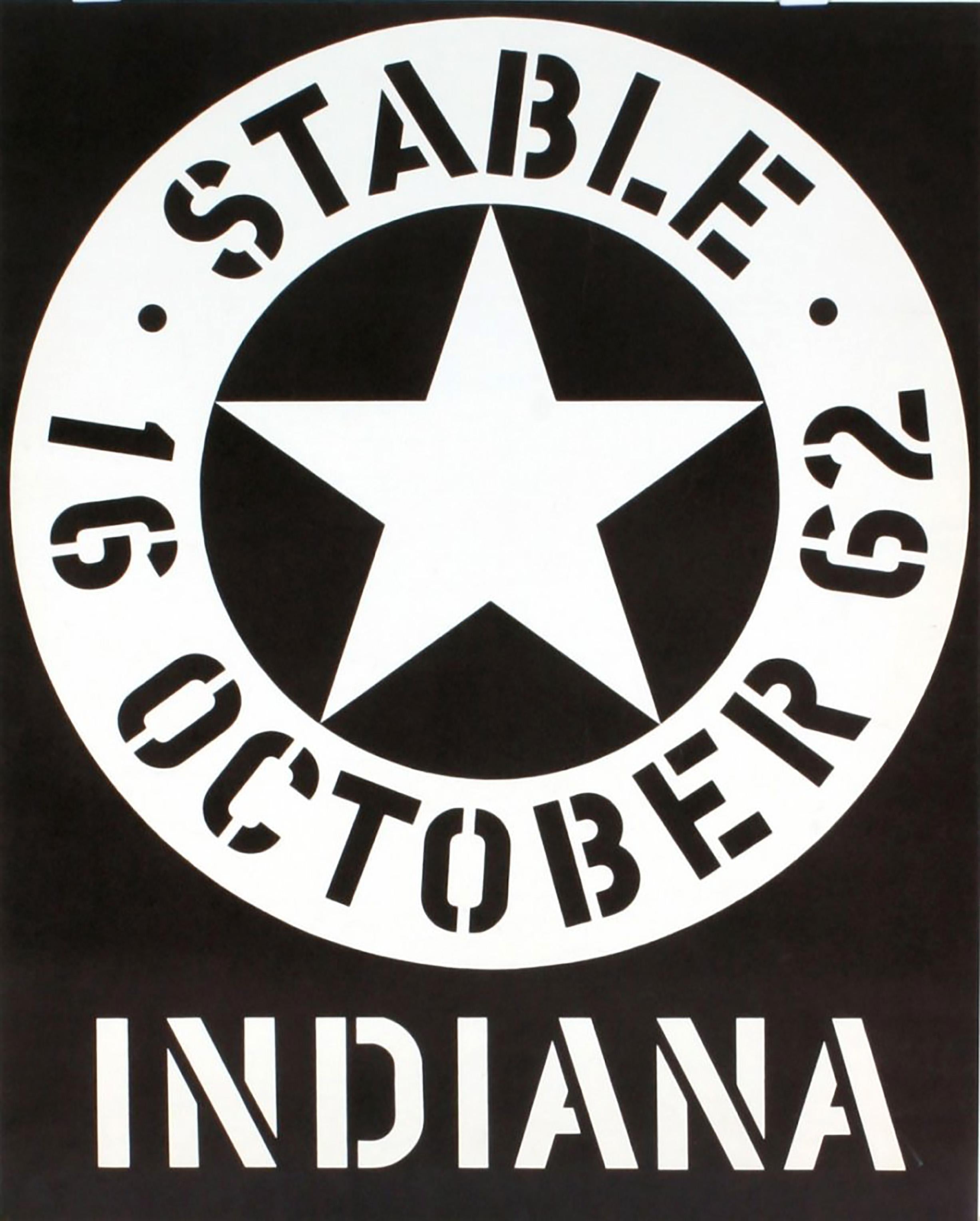 Robert Indiana 
Stable Gallery 16. Oktober 1962 (handsigniert und beschriftet)
Siebdruck auf Kunstdruckpapier 
Auf der Vorderseite mit Bleistift signiert und dediziert. Die Dedic und die Unterschrift lauten "Für Evelyn + Leo Viel Glück! R Indiana