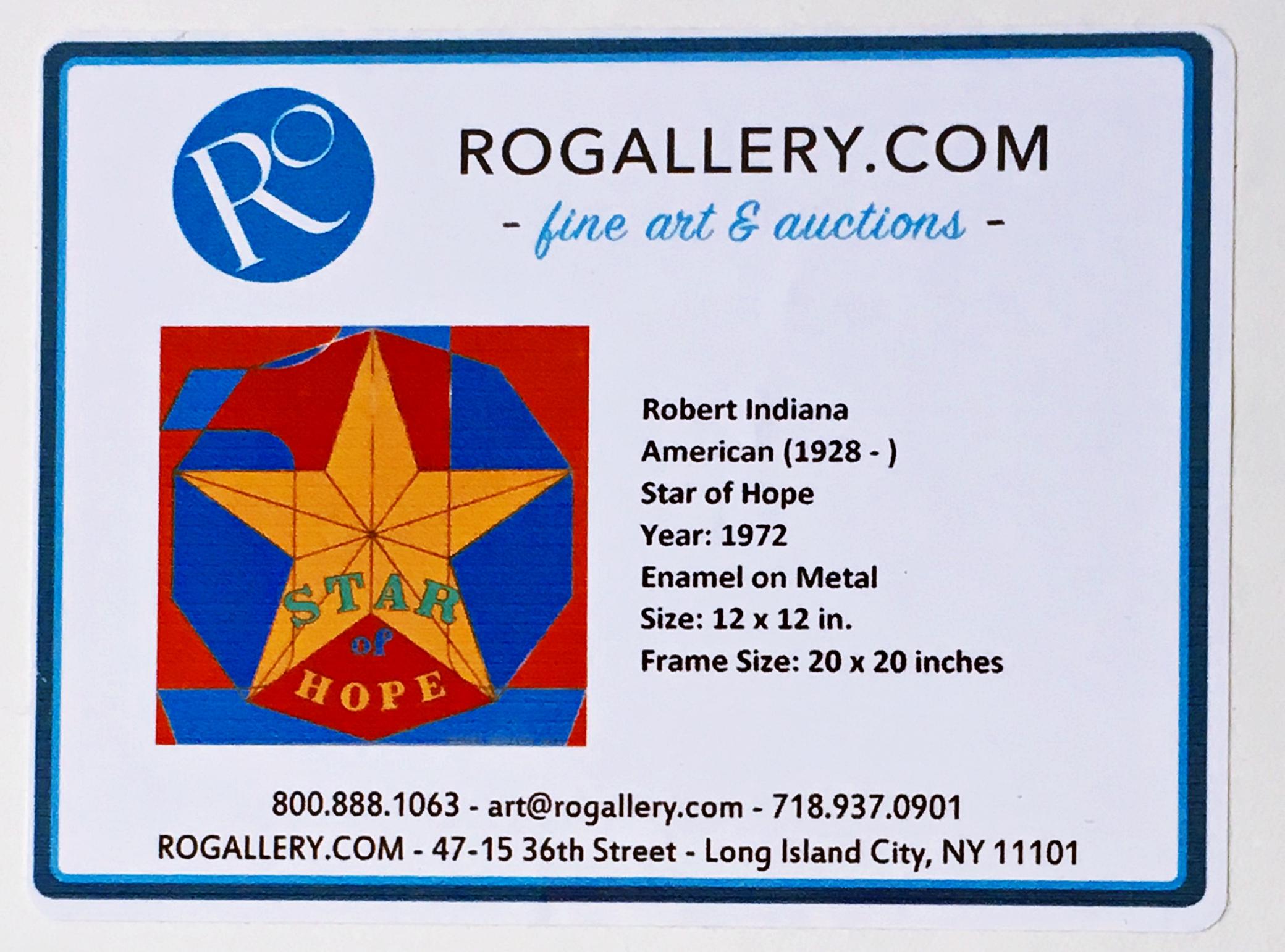 Star of Hope, enamel on metal plaque with stamped name and copyright, Framed - Orange Abstract Print by Robert Indiana