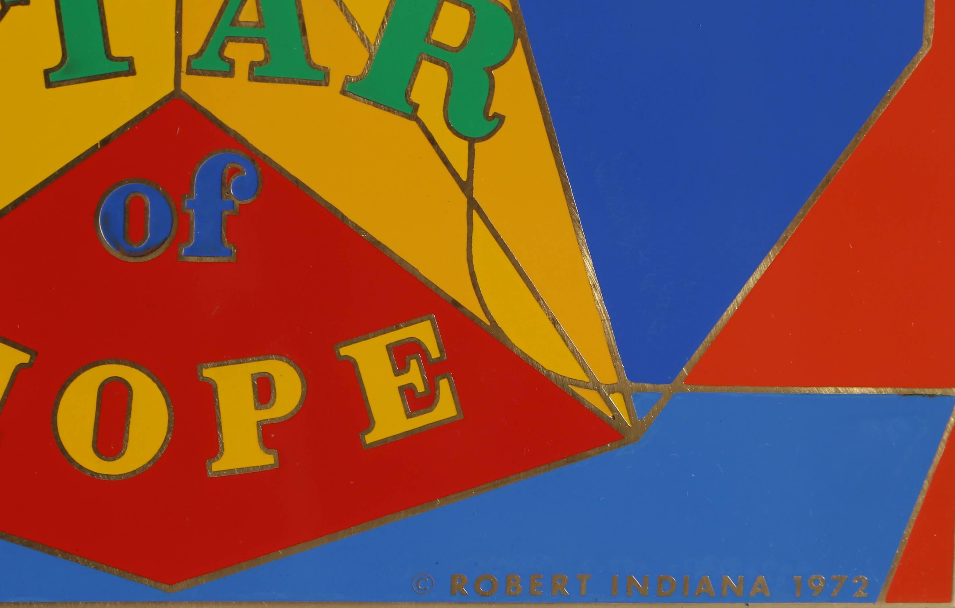 Robert Indiana’s (American, 1928-2018), Star of Hope is a reoccurring image, in fact, he named his charitable foundation the Star of Hope Foundation in 2016. A bright geometric star is set against an abstracted one composted of reds and