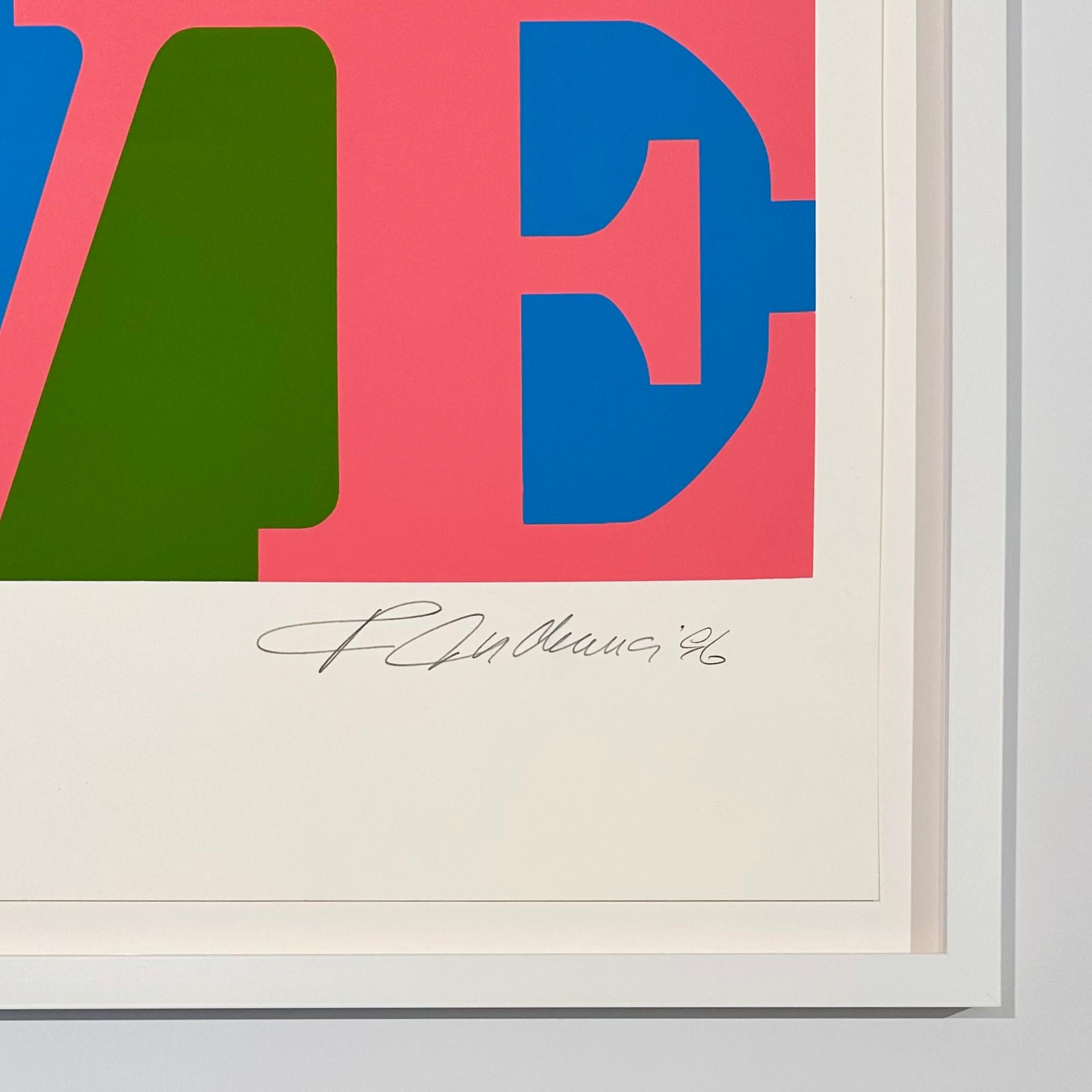 Artist: Robert Indiana
Title: The Book of Love 11
Medium: Serigraph
Year: 1996
Edition: PP 8/10 (aside from the edition of 200)
Frame Size: 27 1/4