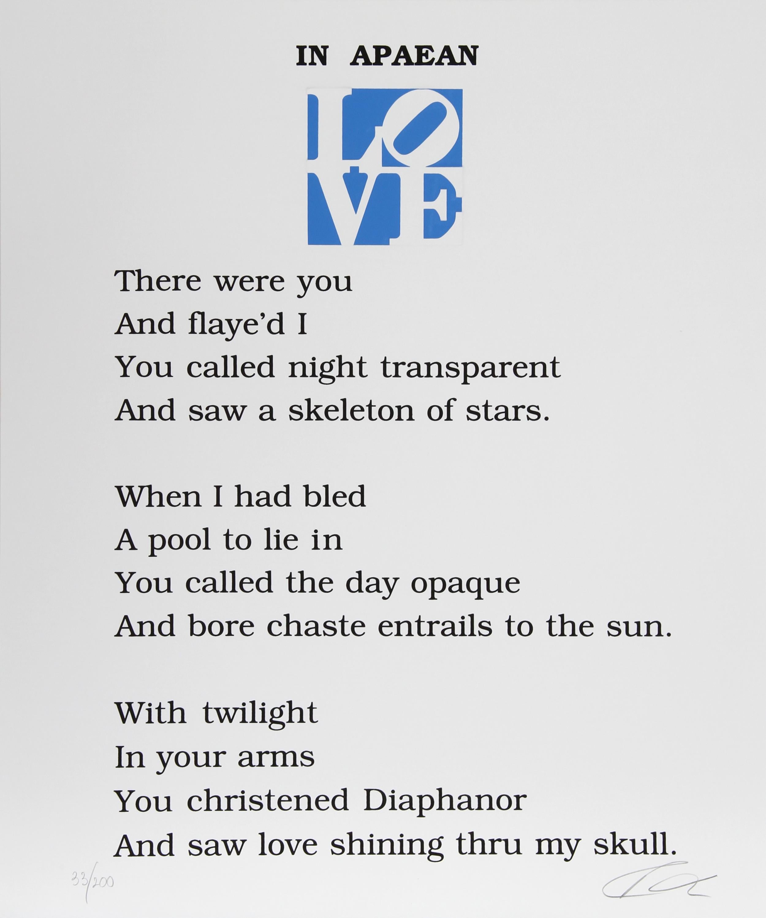 Il libro delle poesie d'amore - In Apaean

Robert Indiana
Americano (1928-2018)

Data: 1996
Serigrafia con stampa a lettere, firmata e numerata a matita
Edizione di 200 esemplari, PP 10
Dimensioni: 24 x 20 pollici (60,96 cm x 50,8 cm)