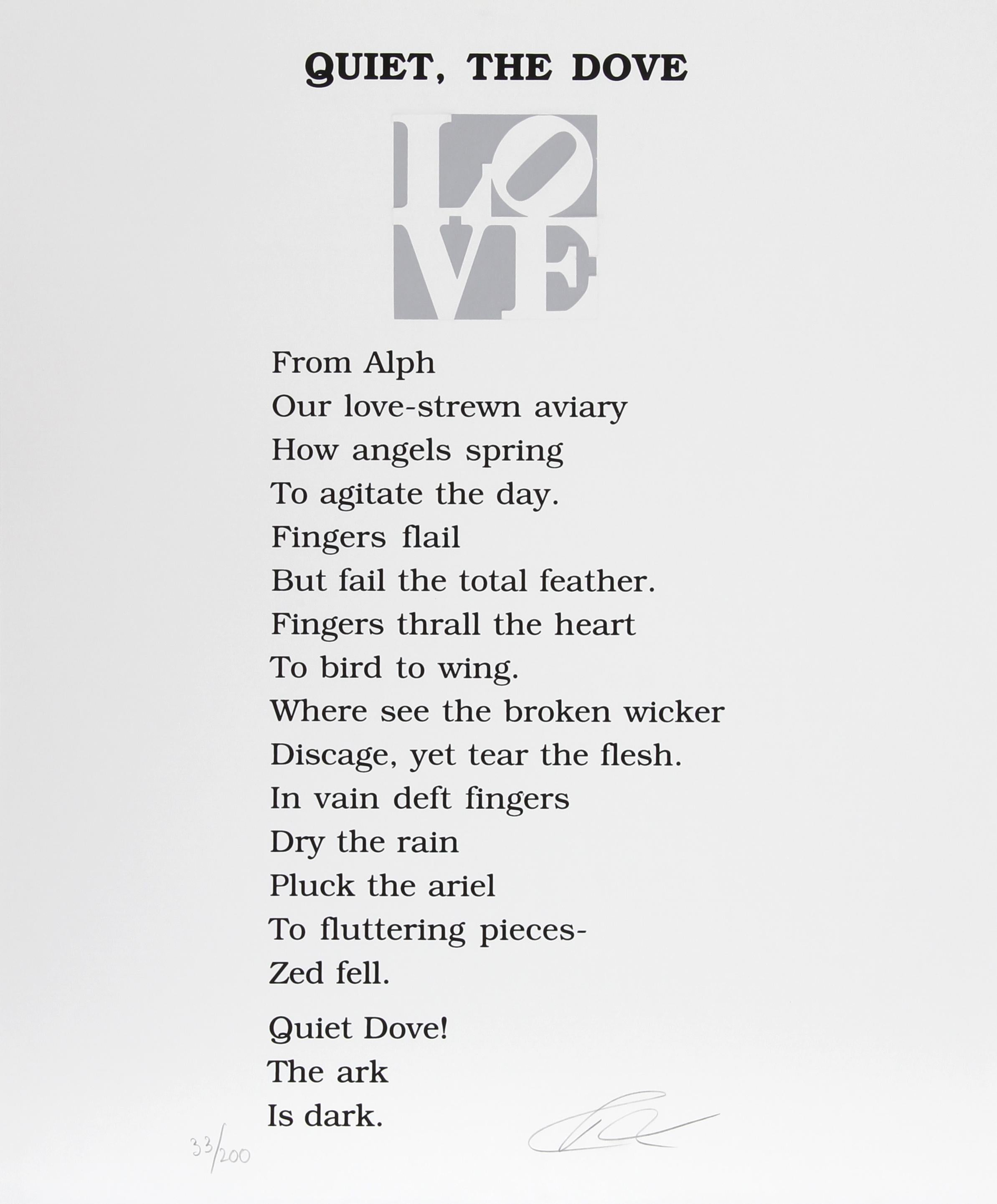El Libro del Poema de Amor - Quieta, La Paloma

Robert Indiana
Estadounidense (1928-2018)

Fecha: 1996
Serigrafía con tipografía, firmada y numerada a lápiz
Edición de 200, PP 10
Tamaño: 60,96 cm x 50,8 cm (24 pulg. x 20 pulg.)