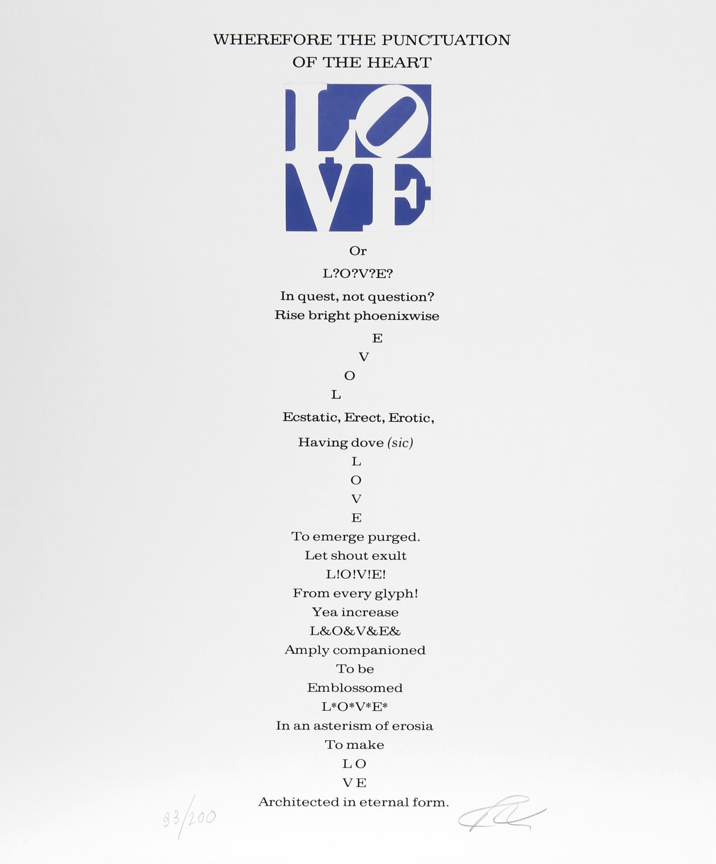 Il libro delle poesie d'amore - Perché la punteggiatura del cuore - II

Robert Indiana
Americano (1928-2018)

Data: 1996
Serigrafia con stampa tipografica, firmata e numerata a matita
Edizione di 200 esemplari, PP 10
Dimensioni: 24 x 20 pollici