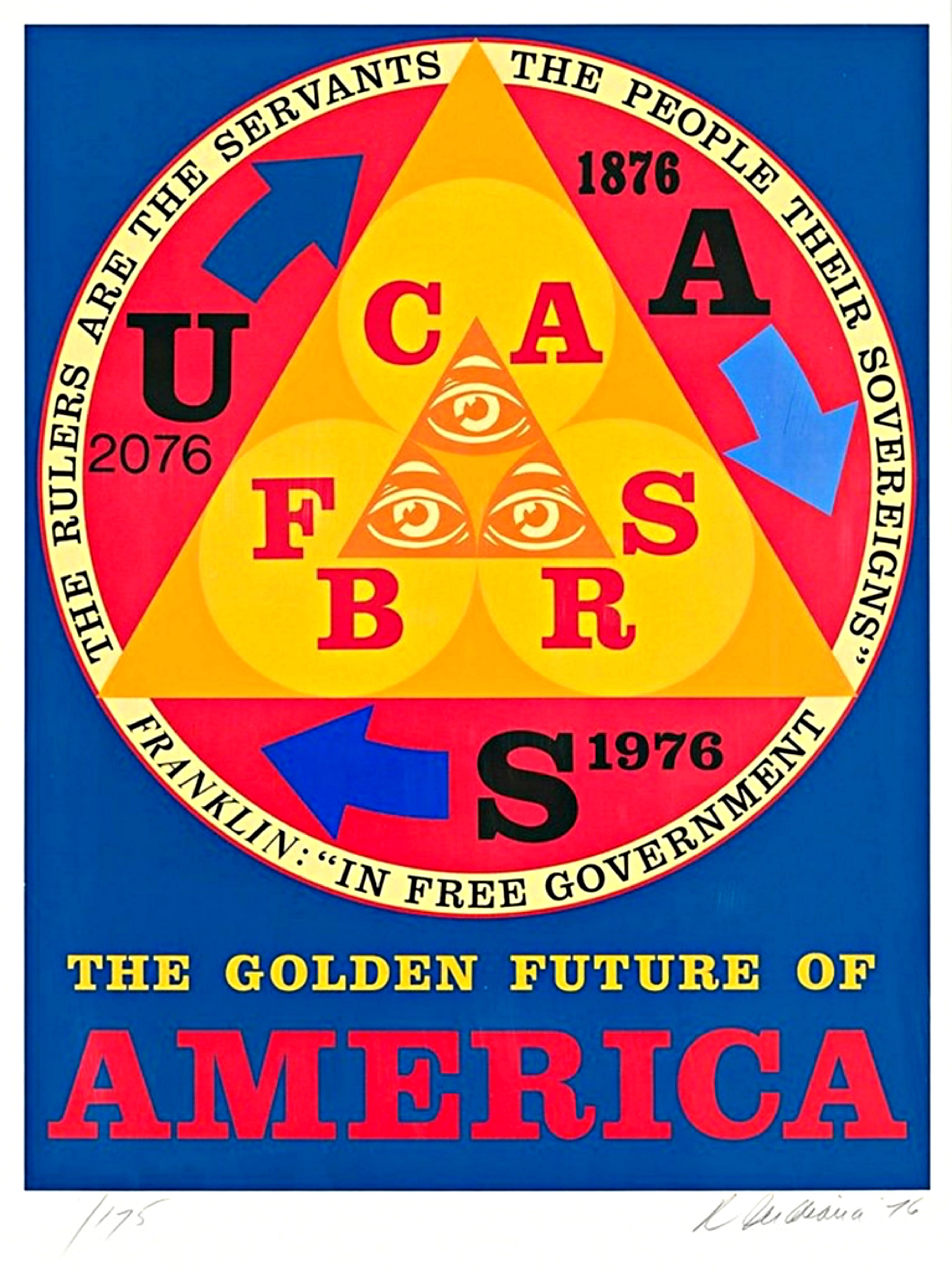 Il futuro dorato dell'America (Sheehan, 92), serigrafia Pop Art, firmato/incorniciato - Figurative Print Beige di Robert Indiana