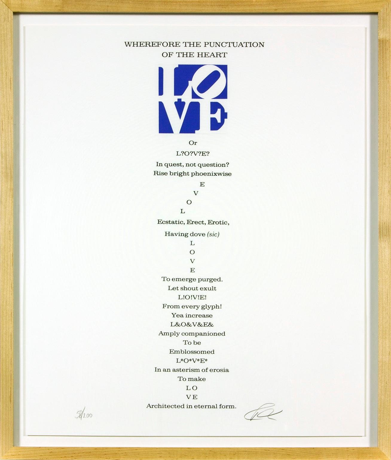 "Wherefore the Punctuation (Book of LOVE" silkscreen print from a portfolio of 12 original poems and 12 original prints by artist Robert Indiana. Edition number 58 of 200. The prints in the portfolio were created by Indiana as illustrations for his