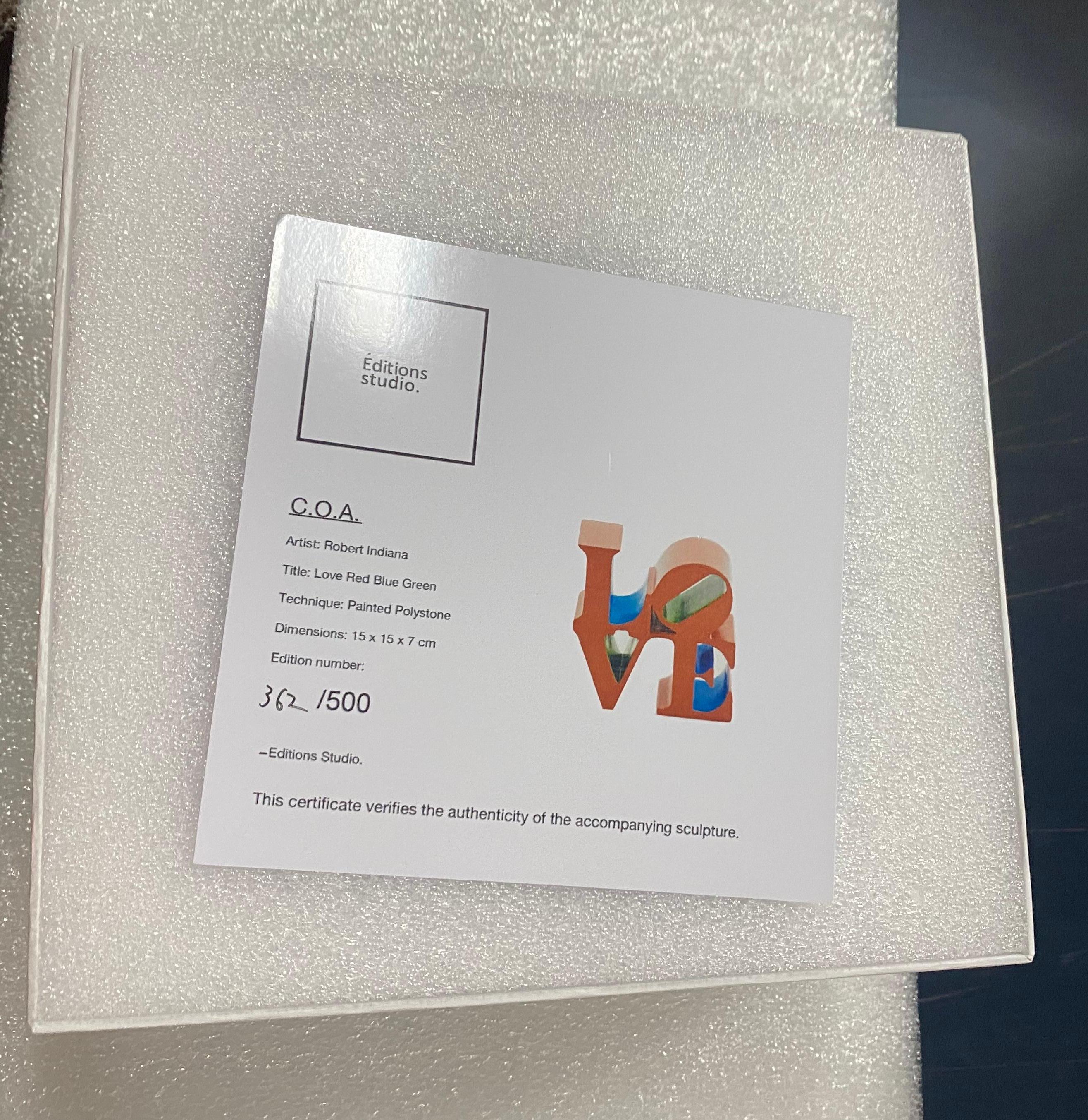 Love (Red-Blue) polystone sculpture with original case Ed. 500 by Robert Indiana For Sale 14