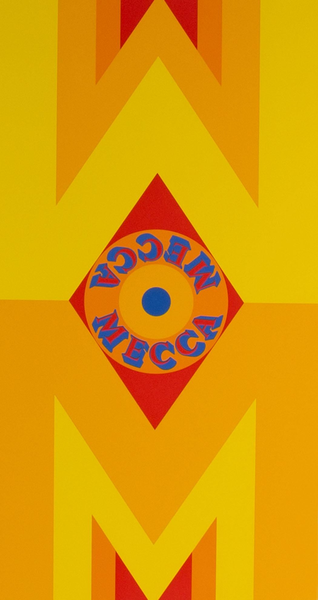 A 1977 limited edition serigraph titled Mecca I by American artist Robert Indiana (1928-2018). Printed on Arches 88 paper, this print depicts two mirrored 'M' shapes in yellow, red, and orange. The word 