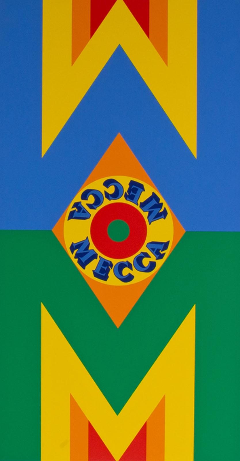 A 1977 limited edition serigraph titled Mecca III by American artist Robert Indiana (1928-2018). Printed on Arches 88 paper, this print depicts two mirrored 'M' shapes in red, orange, yellow, blue, and green. The word 