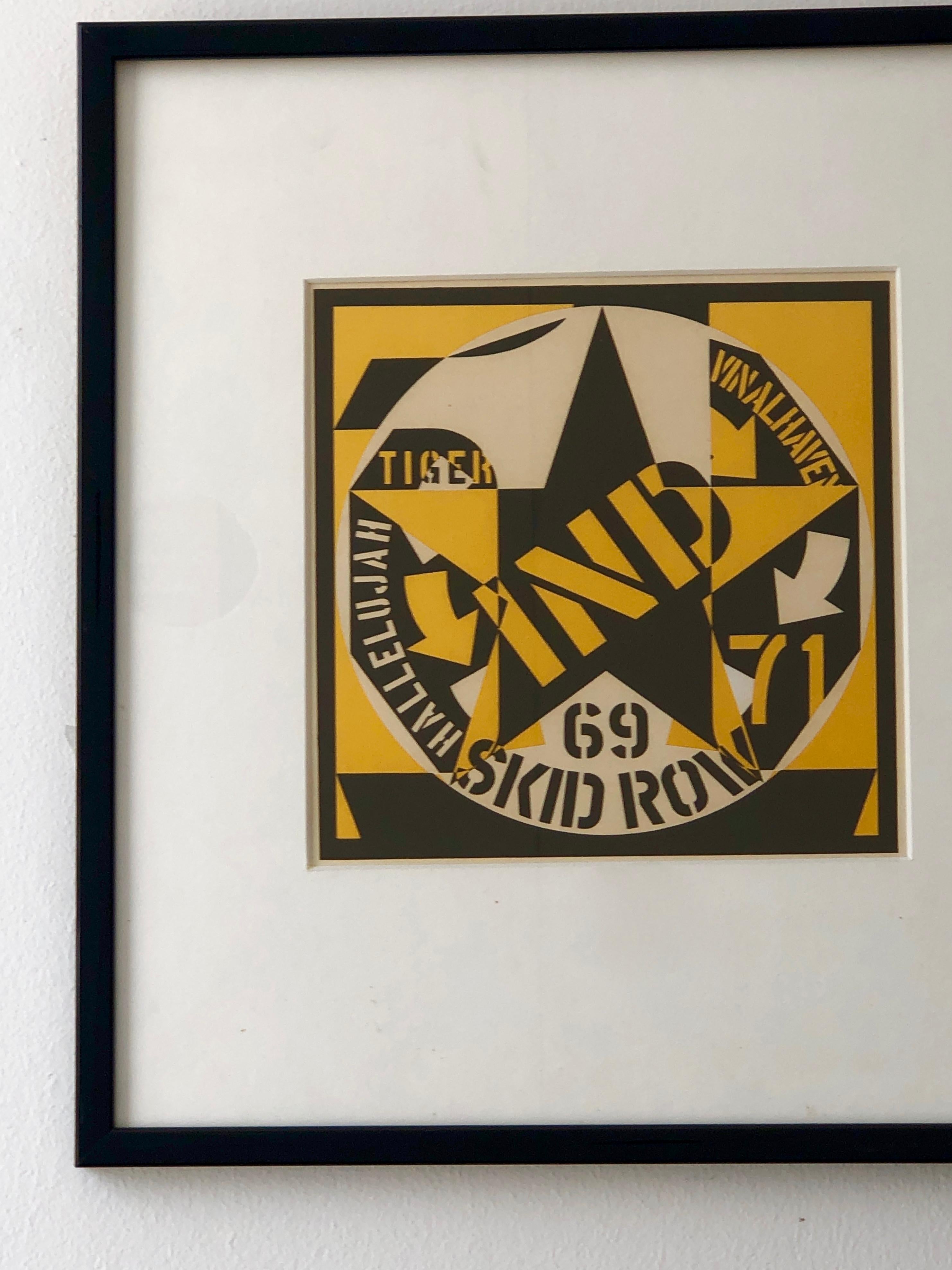 American Robert Indiana Yellow, Black and White Lithograph Skid Row Autoportrait, 1973 For Sale