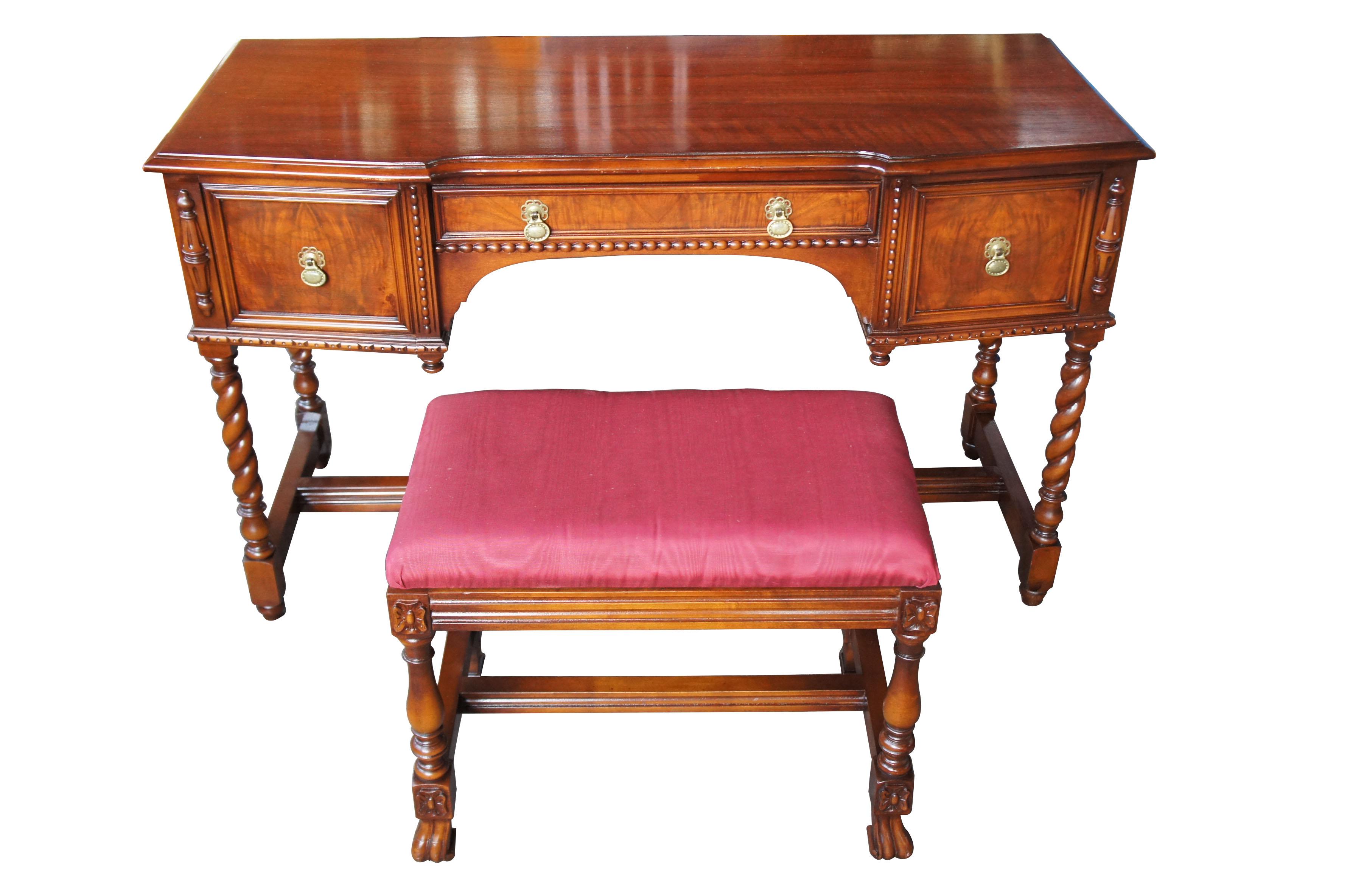 Robert Irwin Antique Jacobean Revival walnut dressing table and mirror with bench

(1919-1953)
Irwin, Robert W. Co 
Grand Rapids, Mi

An exquisite crotched walnut dressing table and mirror with bench by Robert W. Irwin Furniture Company.