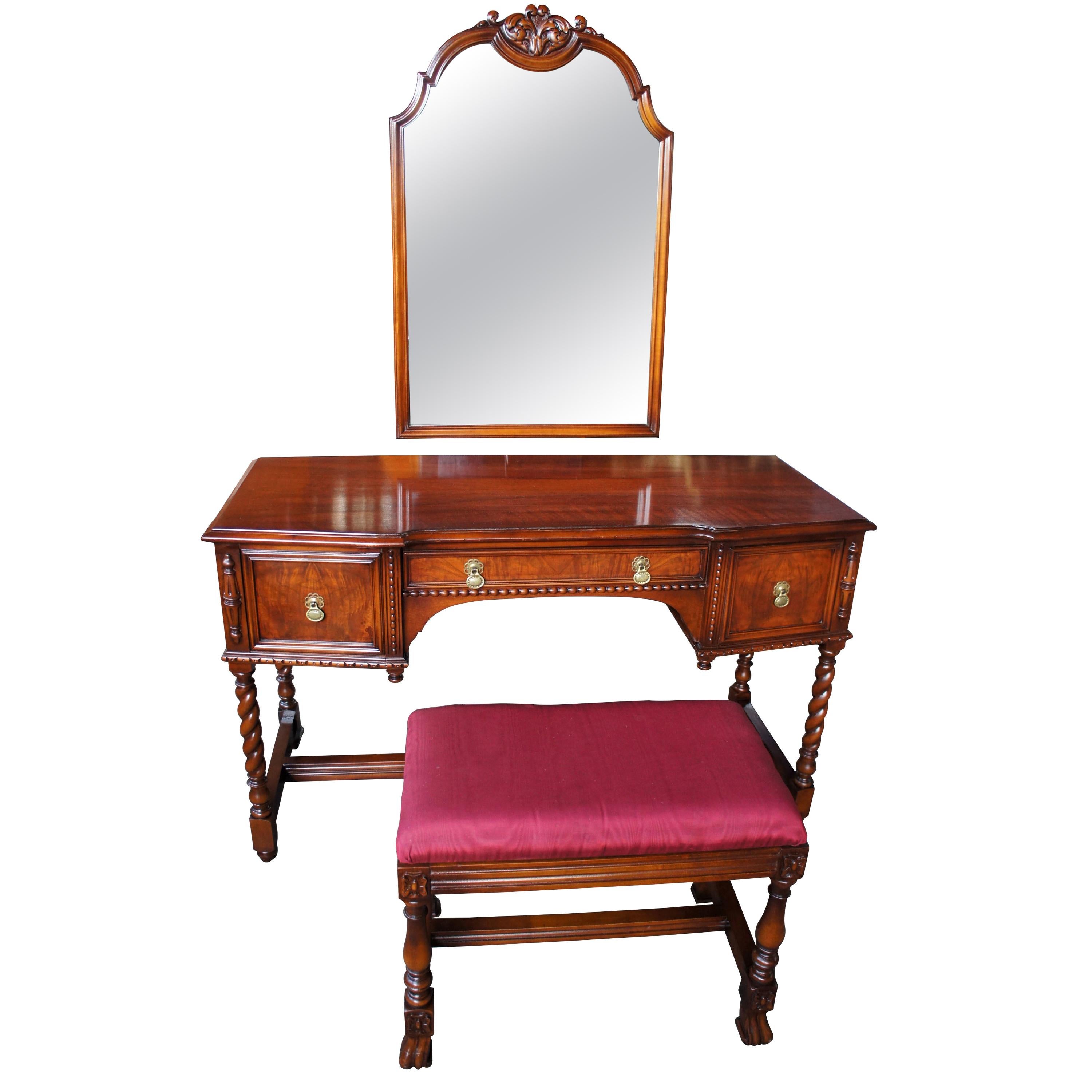 Robert Irwin Antique Jacobean Revival Walnut Dressing Table & Mirror with Bench