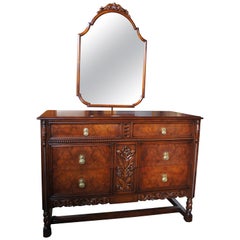 Robert Irwin Furniture Co. Antique Jacobean Revival Walnut Dresser and Mirror