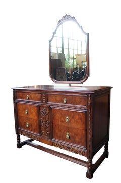 Robert Irwin Furniture Co. Antique Jacobean Revival Walnut Dresser and Mirror