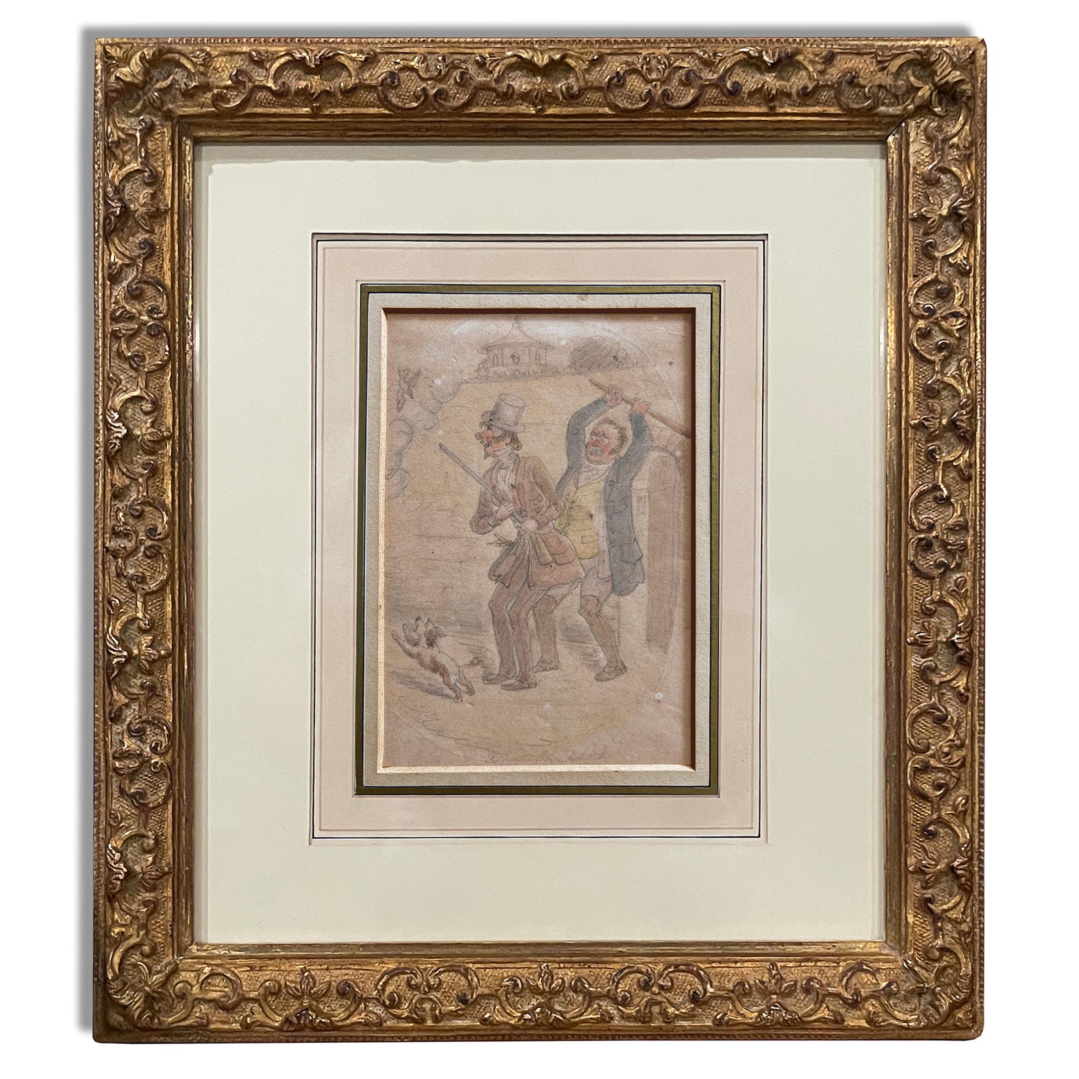 Robert Isaac CRUIKSHANK (1789-1856)
Drawing, watercolor and charcoal pencil on paper depicting a scene of Anti-Hunting…
Signed bottom center, and marked on the backside, Robert CRUIKSHANK.
Framed into a beautiful gilt carved frame, and