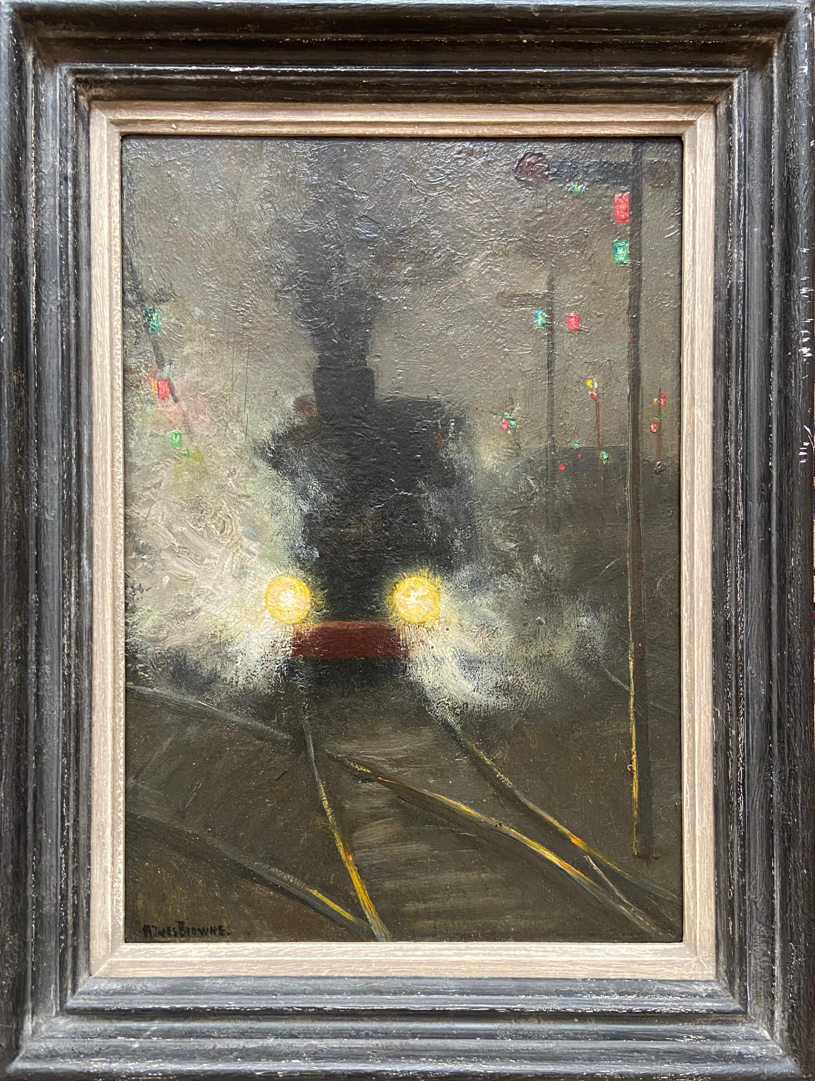 A Train at Night, Late 19th Century Impressionist Oil on Panel - Painting by Robert Ives Browne